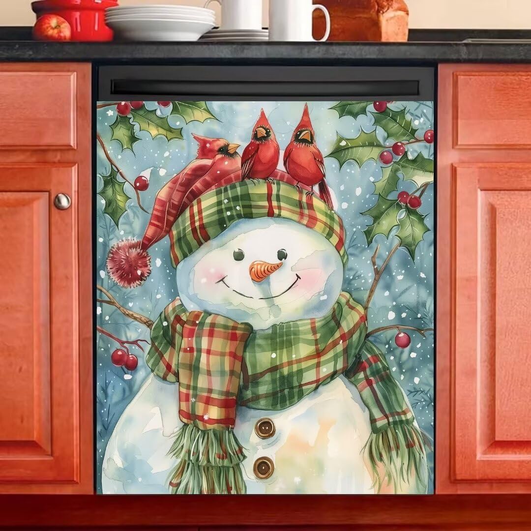 Winter Snowman Magnetic Dishwasher Cover With Cardinal Red Birds - Refrigerator Magnet Panel Decals, Vinyl Sticker, Merry Christmas Kitchen Art Decorative Skin