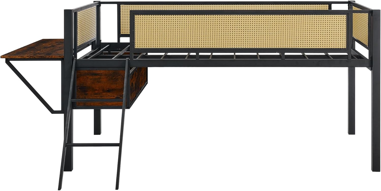 Polibi Twin Size Gaming Loft Bed with Desk, LED Lights and Staircase, Metal Loft Bed Frame with Full-Length Heightened Guardrail, Storage Shelves, Woven Rattan, Black+Brown