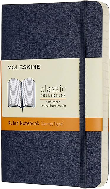 Moleskine Classic Ruled Paper Notebook, Soft Cover and Elastic Closure Journal, Color Sapphire Blue, Size Pocket 9 x 14 A6, 192 Pages
