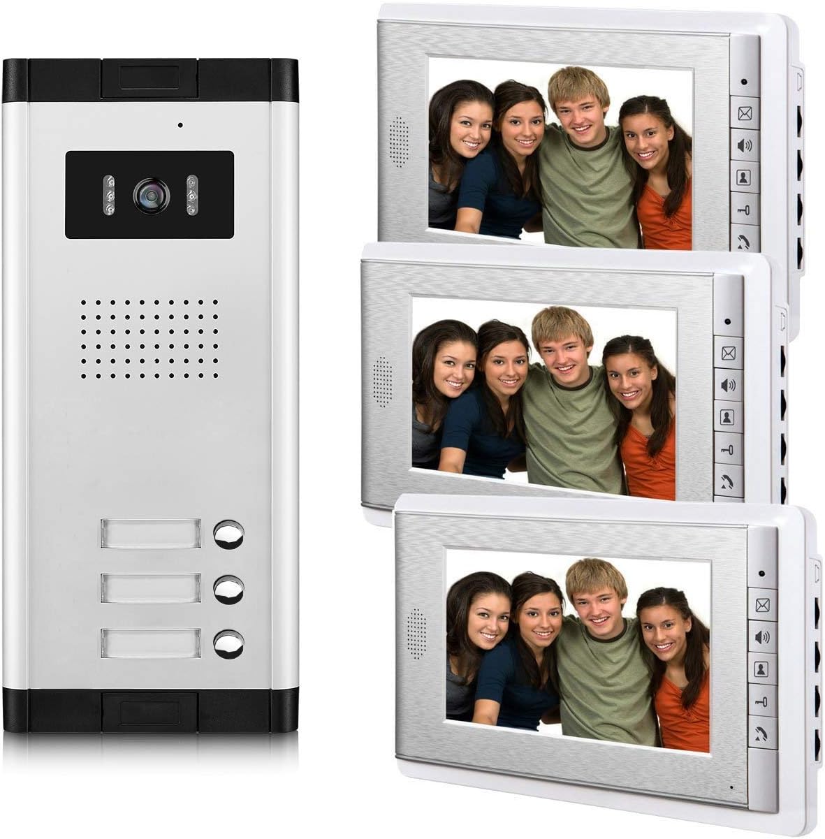 3 Units Apartment Video Intercom System, 7 Inch Monitor Wired Video Doorbell Door Phone Kits, Indoor Outdoor IR Camera, Monitoring, Unlock, 2 Way Intercom for 3-Household Home Apartment