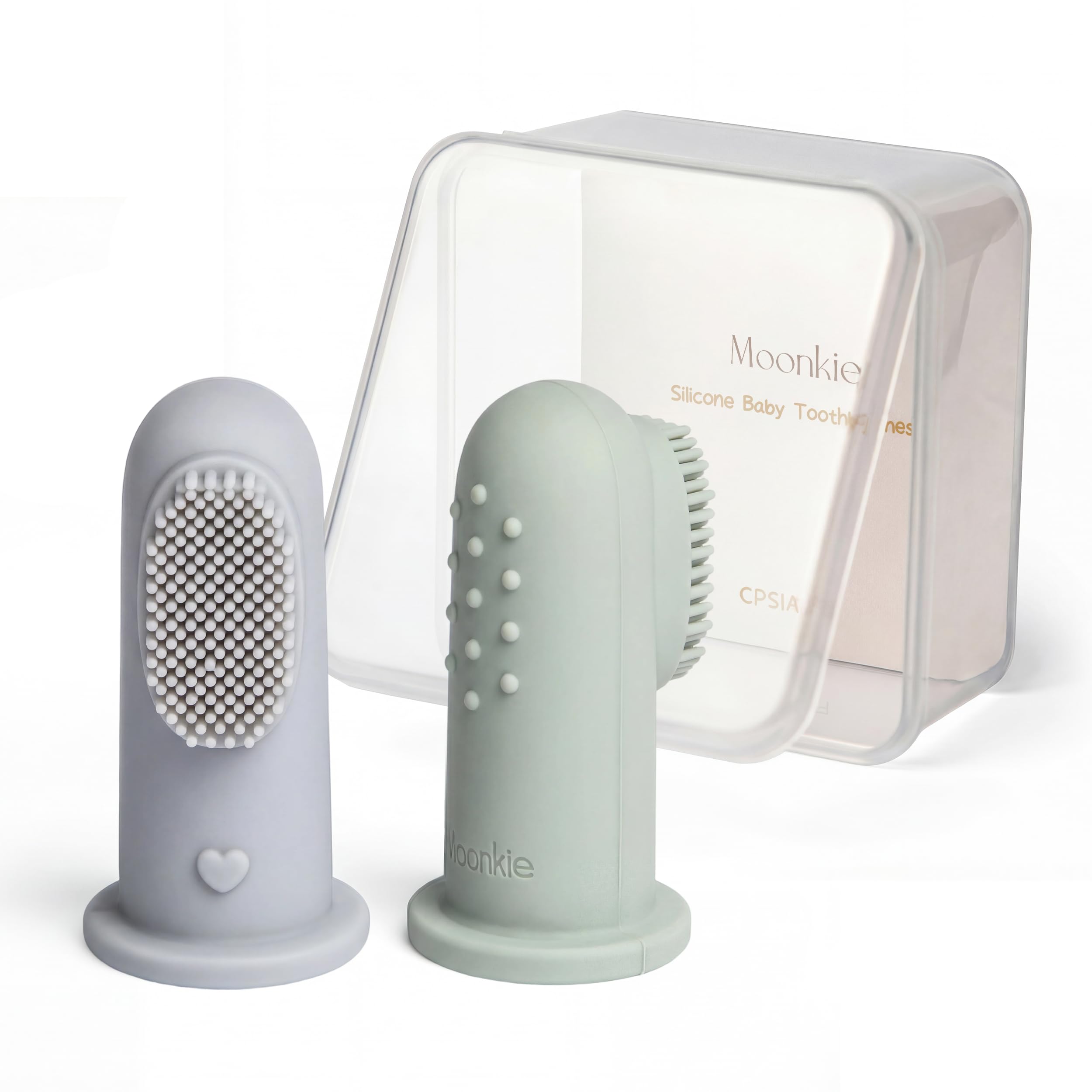 Moonkie Spazzolino Bambini 2 Pezzi – Ditale In Silicone Senza Bpa Per Pulizia Denti E Massaggio Gengive, Adatto Da 3+ Mesi (Blu Grigiastro/Menta)-image