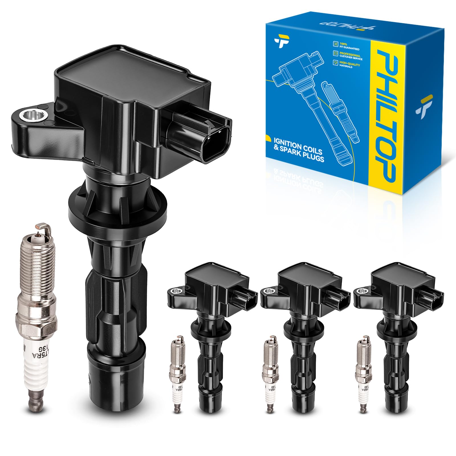 PHILTOP Ignition Coil Pack and Spark Plugs Fits for Ford 2006-2009 Fusion 2.3L, Mercury 2006-2009 Milan 2.3L, 4PCS UF516