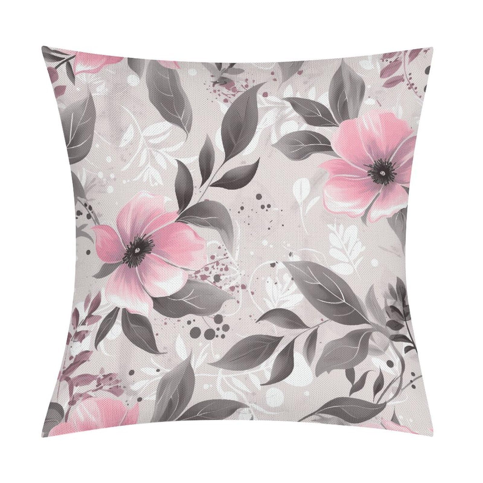 LZQPOEAS Pink Flowers and Leaves on Gray Throw Pillow Covers, Waterproof Faux Linen Pillow Cases with Invisible Zipper, Decorative Square Cushion Covers for Sofa Couch Living Room Bedroom 18x18 Inch