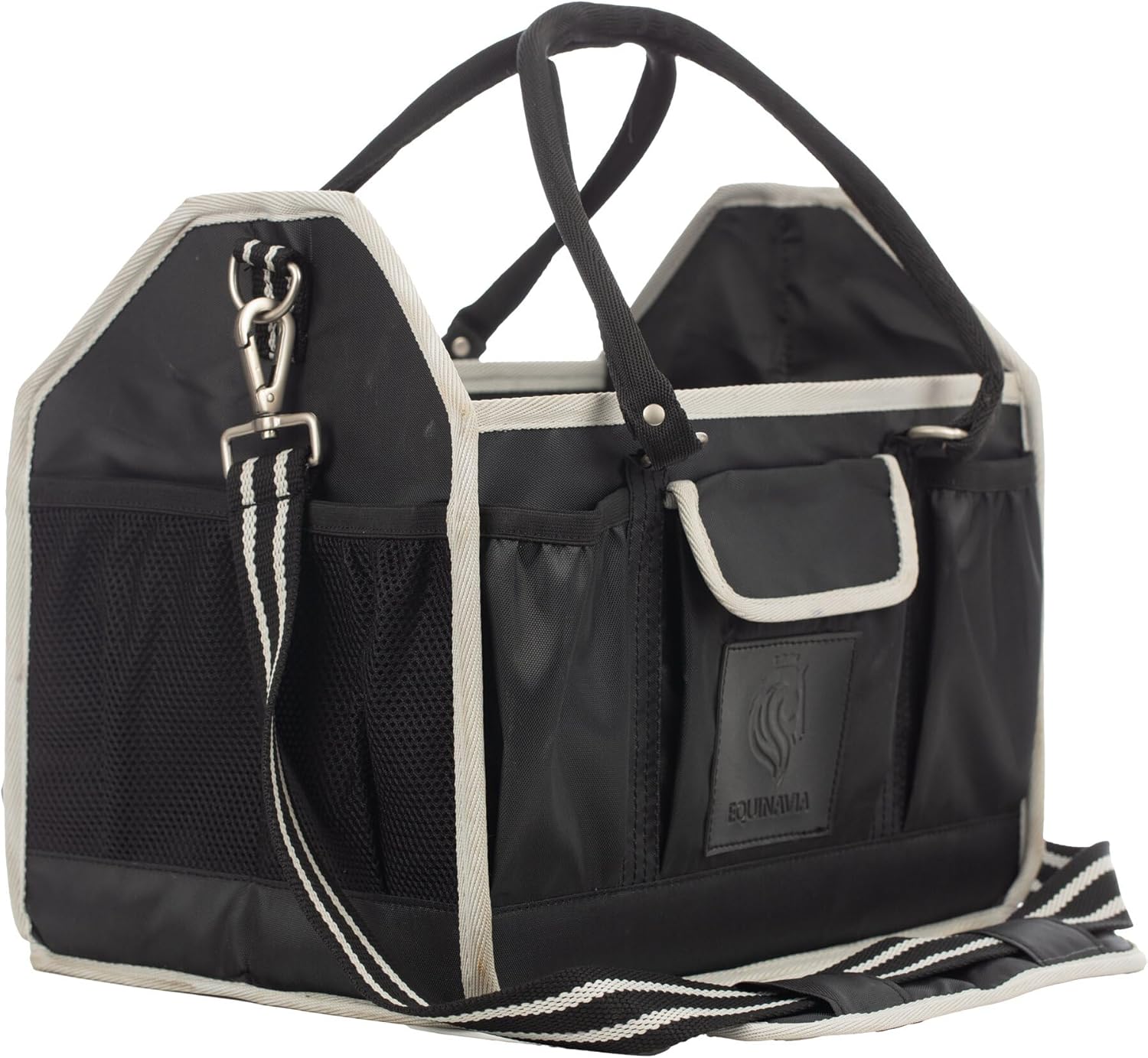 Equinavia Darby Large Collapsible Grooming Tote Bag for Horses, Dogs, Cats | Organizer with Shoulder Strap | 9" x 13" x 12" - Black/Silver - One Size