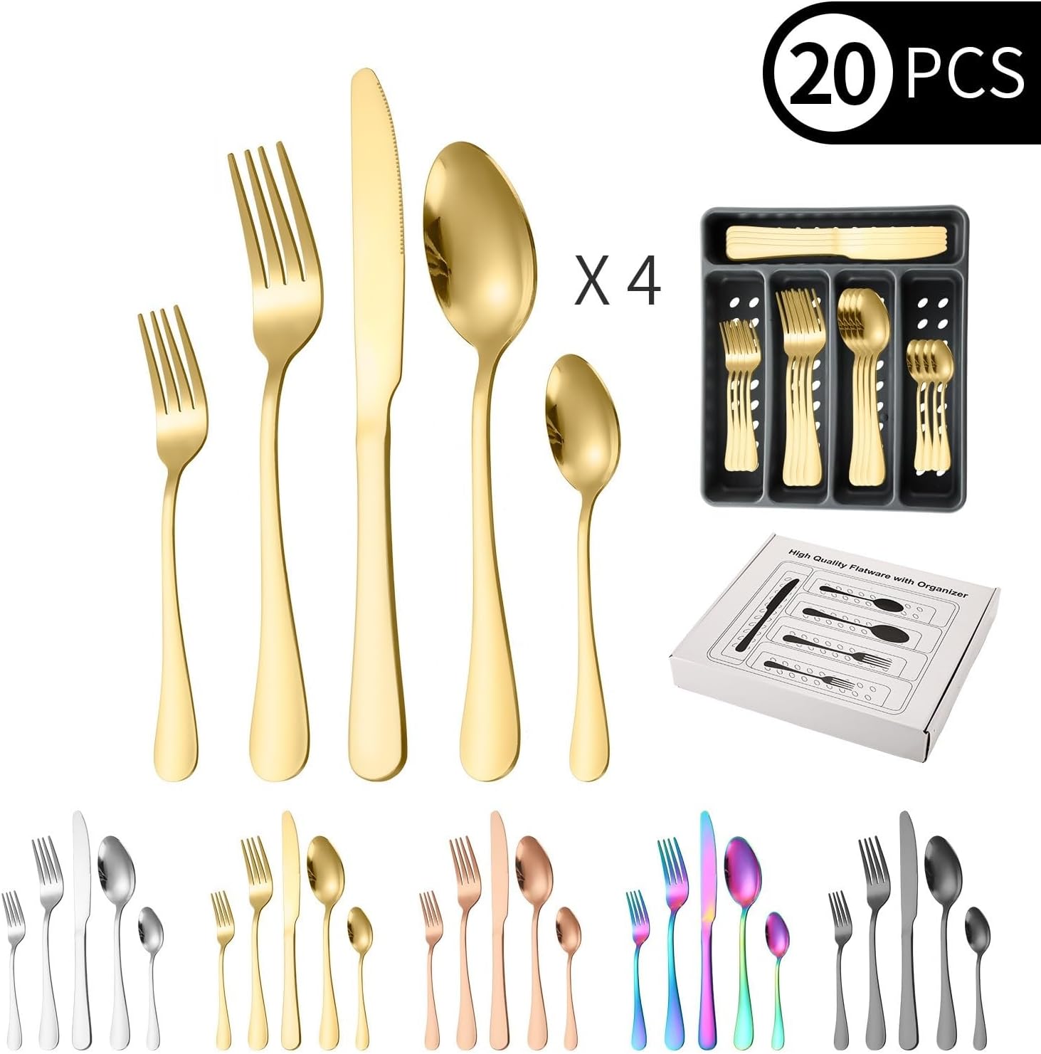 Silverware Flatware Set, 20-piece Thickened Stainless Steel Cutlery Set Cutlery Steak Knife Fork Spoon Storage Box(Gold)