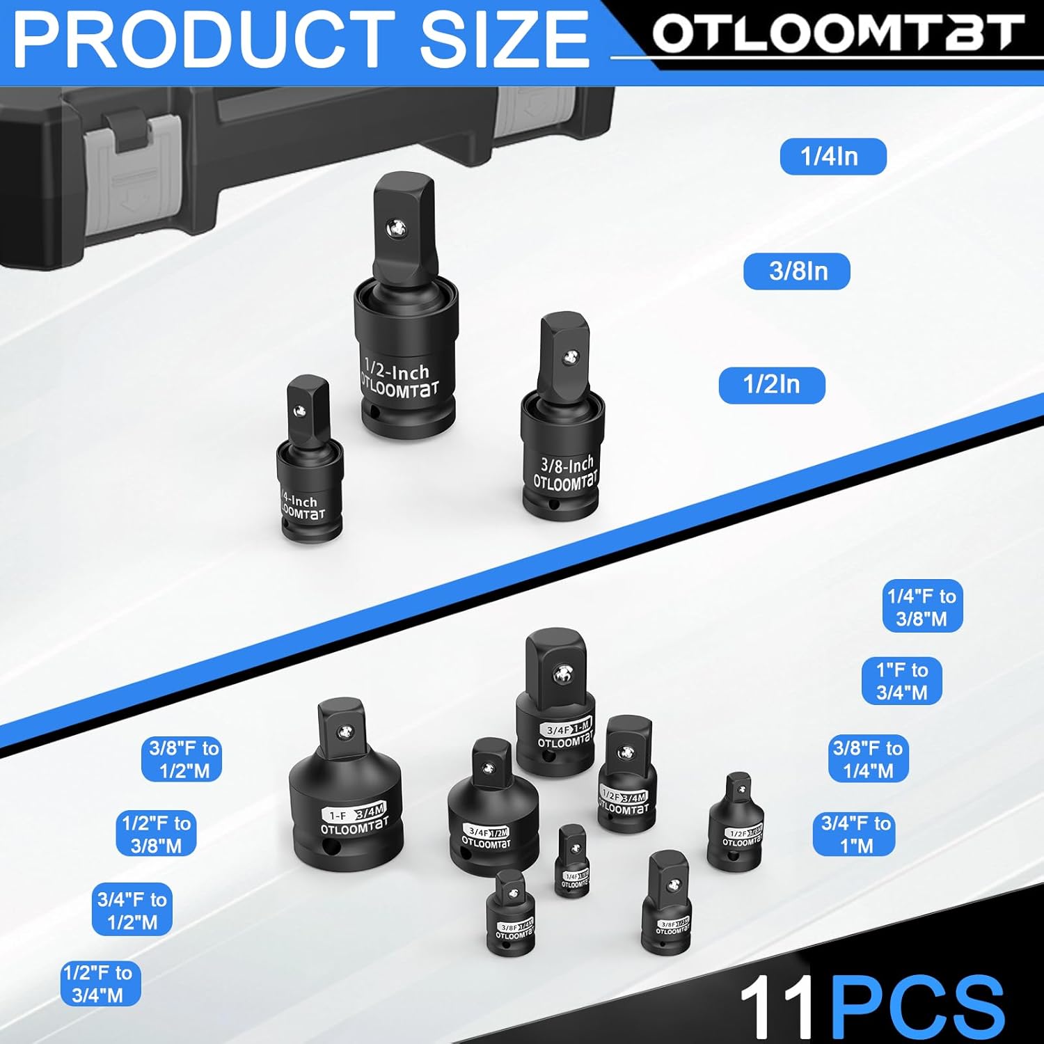 OTLOOMTBT 11PCS Impact Socket Adapter Set & Swivel Socket Set - Chrome Moly Steel, Full Size Adapters (1/4 to 1） with Spring Ball Detent, Drop-Proof Eco Case for Impact Drivers & DIY Mechanics