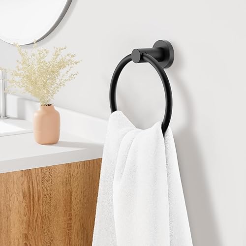 Miniatura 8 de FORIOUS Paquete de 2 anillos negros para toallas de mano para baño montado en la pared, colgador de toallas de acero inoxidable, accesorio moderno