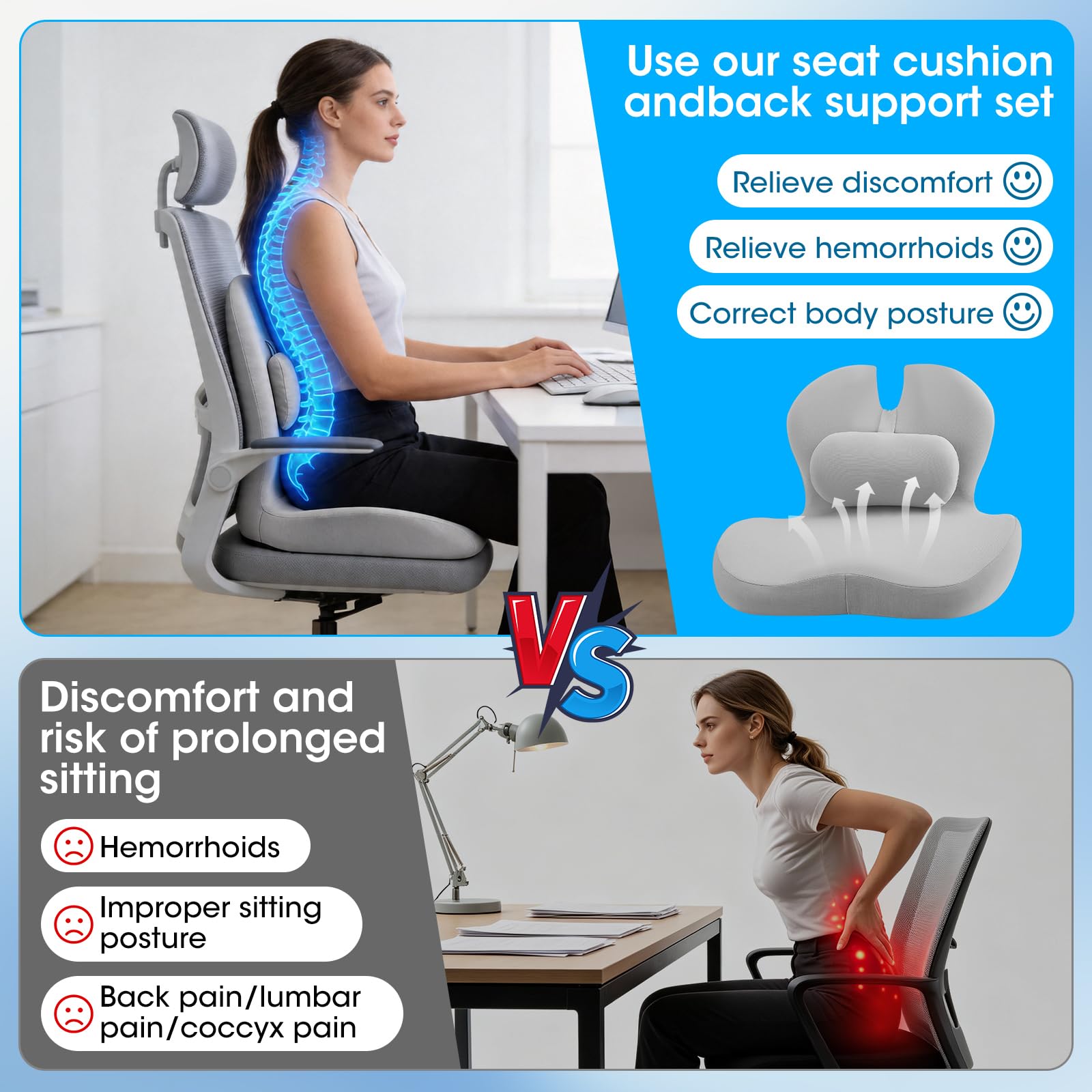 Coussin d'assise orthopédique 2 en 1 avec dossier, coussin d'assise ergonomique, chaise de bureau et voiture, pour soulager la pression en cas de douleurs au coccyx, support lombaire en