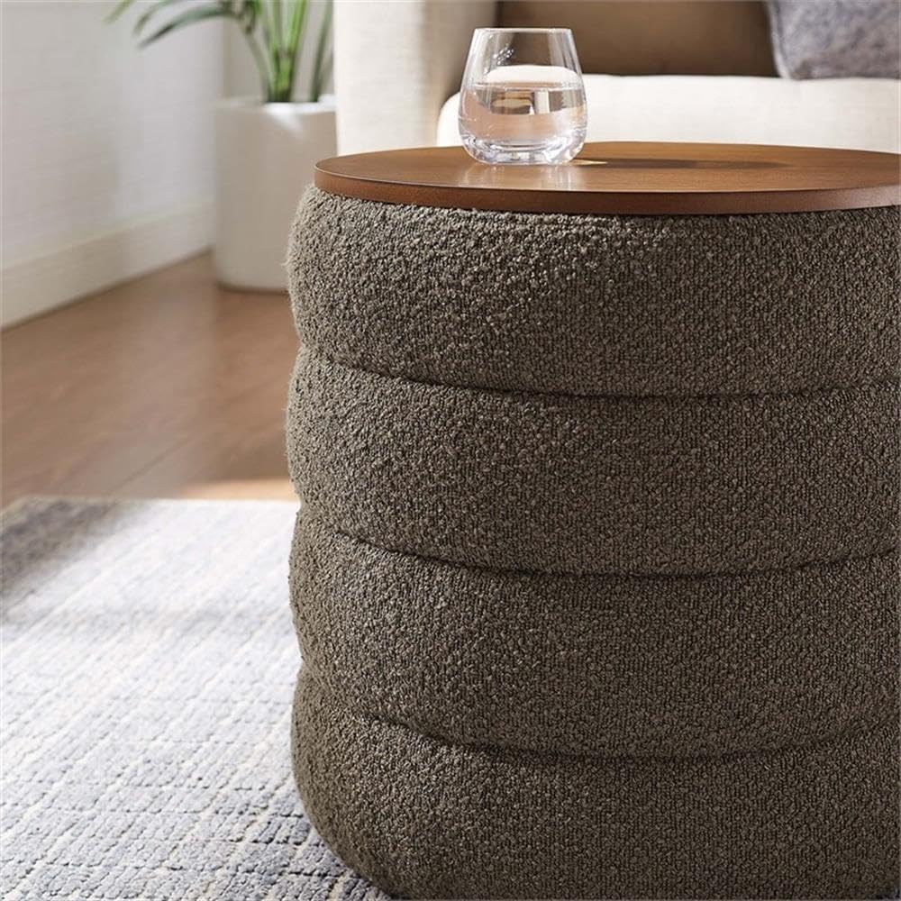Modway Mezzo Round Boucle Fabric Storage Ottoman Stool in Pebble - Channel Tufted Ottoman - Upholstered Footrest - Versatile End or Side Table with Storage