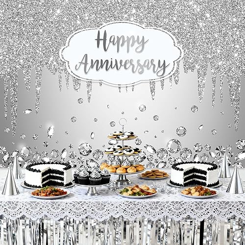 Miniatura 2 de AIBIIN Telón de fondo de feliz aniversario de 7 x 5 pies con cristales plateados con purpurina para fotografía, saludos a bodas, aniversarios,