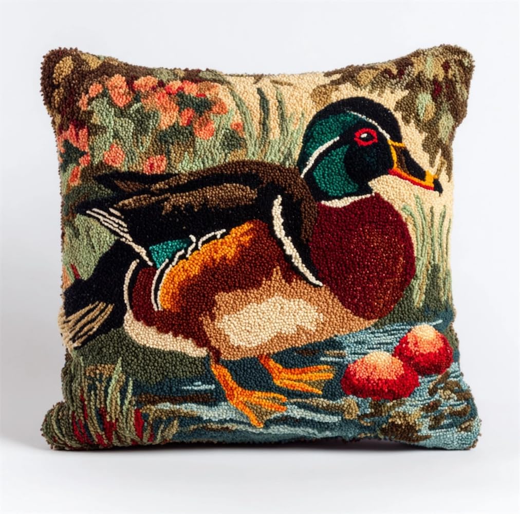 kitphoenix 3D Pillow Latch Hook Embroidery Kits Black Duck DIY Pillow Materials Package Crocheting Rug Yarn Cushion Embroidery Set Fit for Beginners Embroidery Kit Pillowcase Cushion 17X17Inch