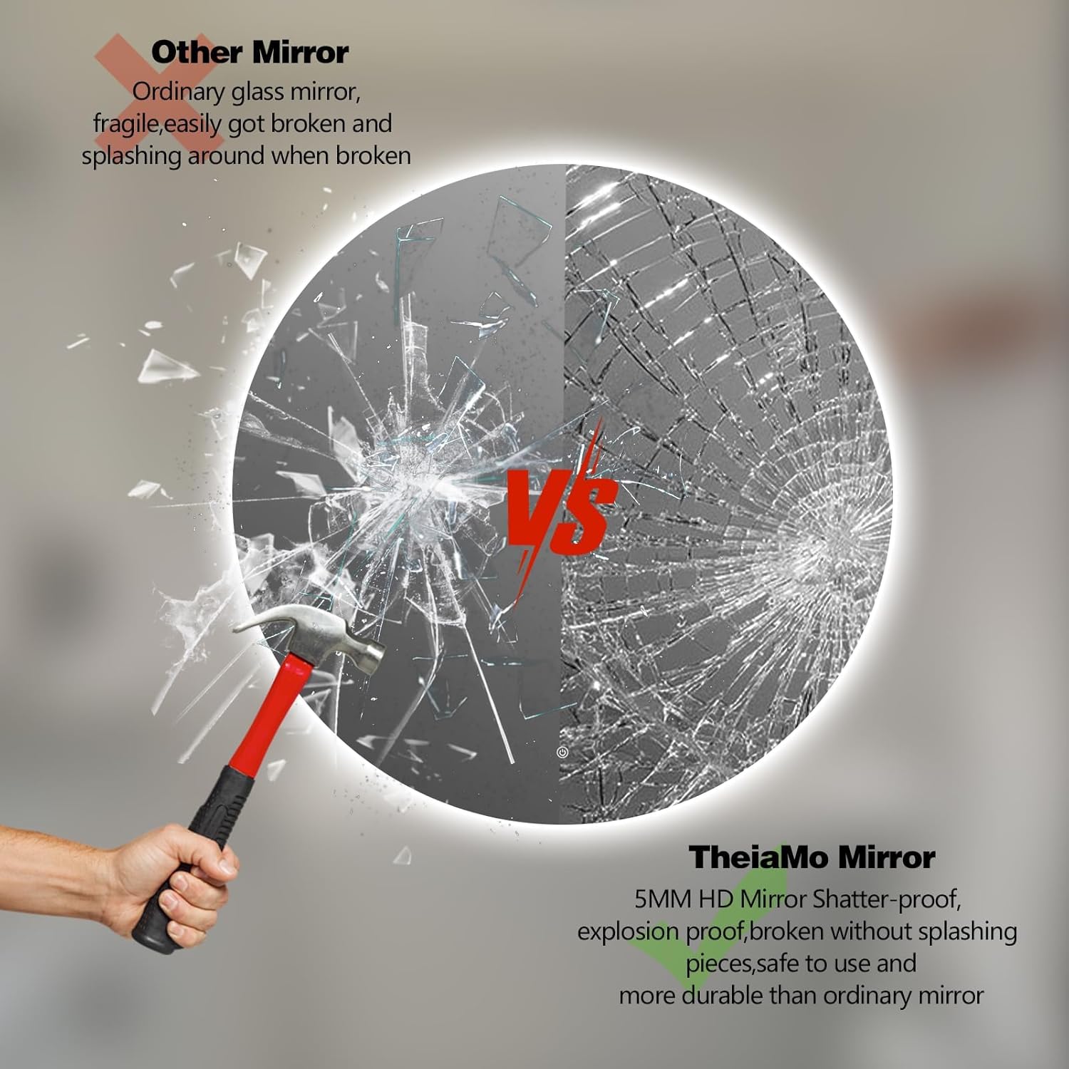 Comparison of shattered ordinary glass mirror versus TheiaMo shatter-proof mirror.