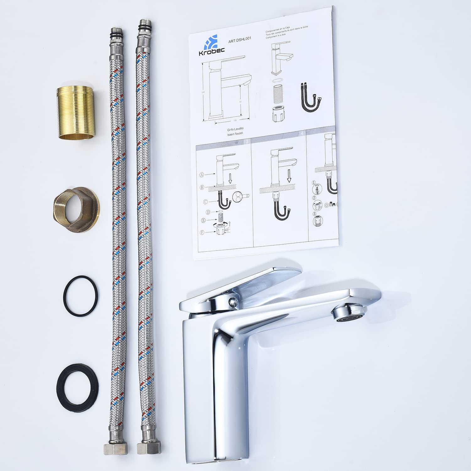 Krobec Rubinetto per Bagno,Rubinetto per Lavabo,Rubinetto Bagno Lavabo, Miscelatore Monocomando per Lavabo, ottone, Attacco UE 3/8″,valvola in ceramica di alta qualità(Cromo).