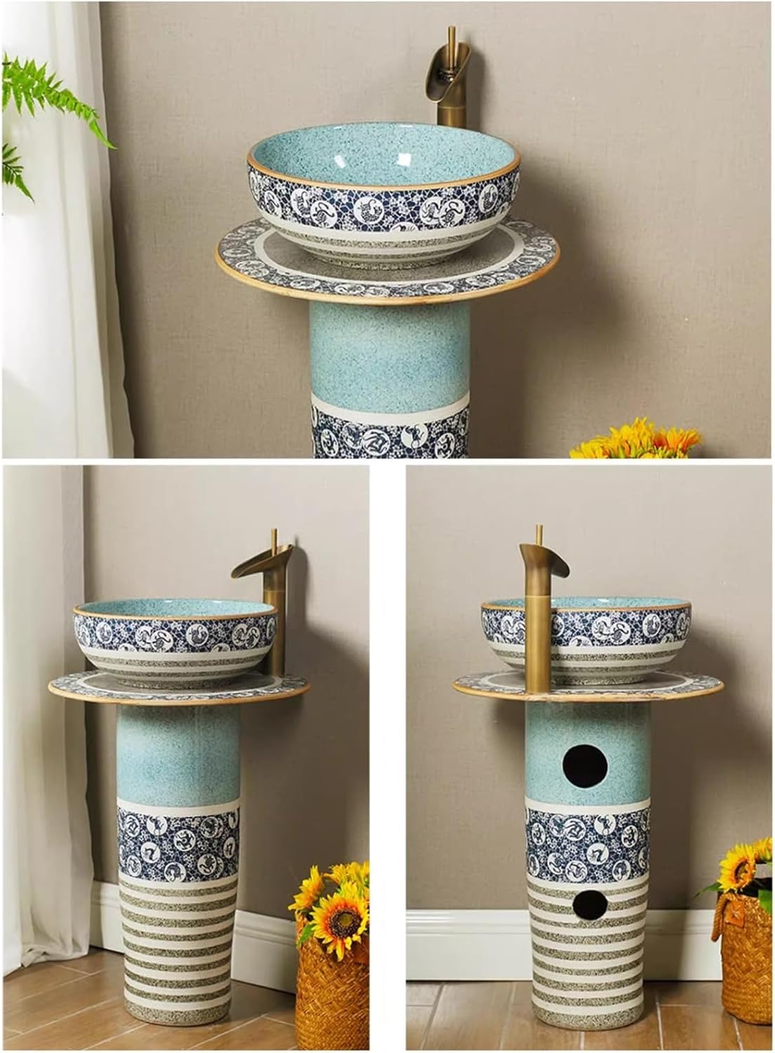 Bathroom Sink Retro Creative Ceramic Column Sink, 3-Piece Bathroom Pedestal Sink, Floor Standing Art Sink Bathroom Sink Combo with Taps, Drain Set Bathroom Pedestal Sink(B)