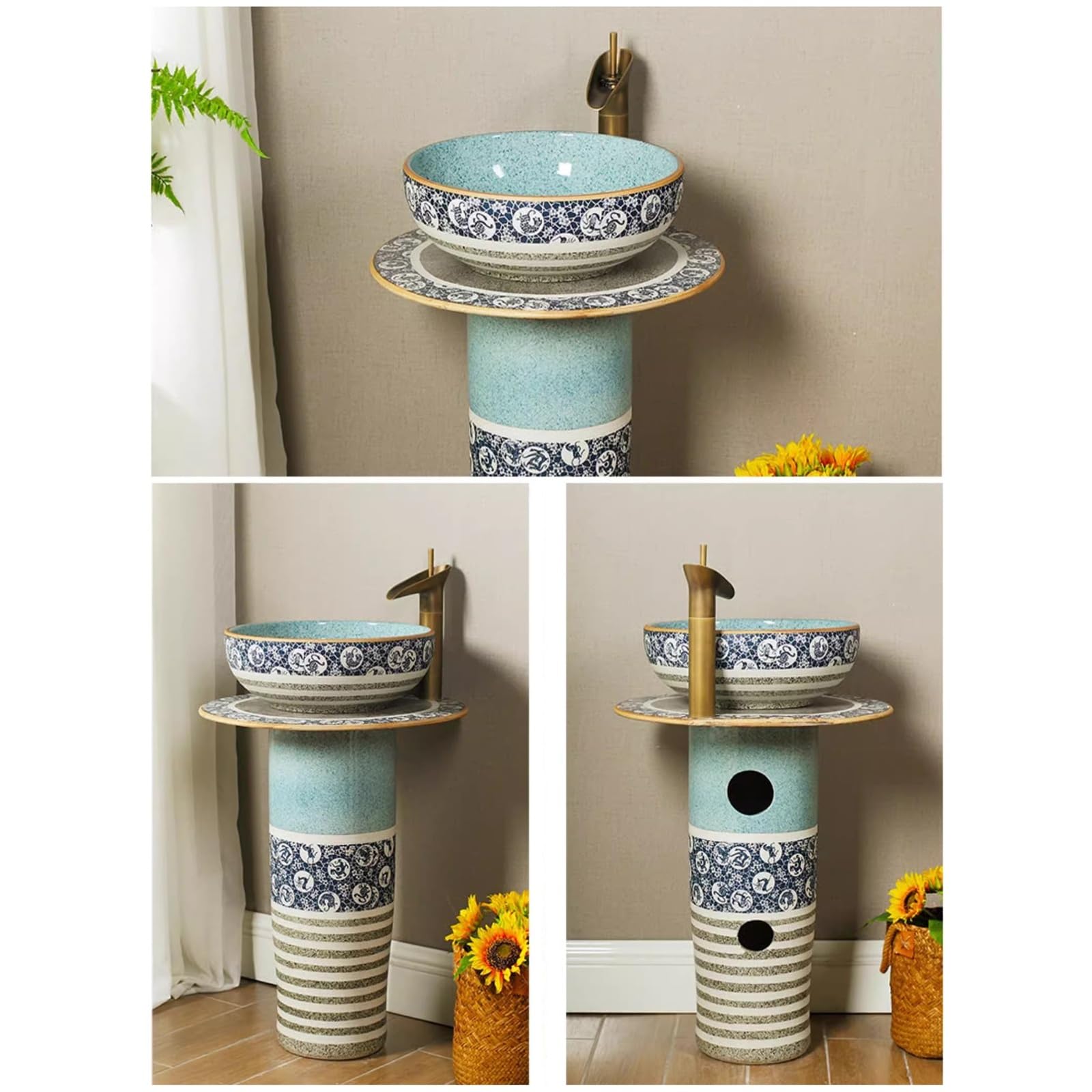 Zlewozmywak łazienkowy na cokole, retro i kreatywna ceramiczna umywalka kolumnowa, 3-częściowa umywalka łazienkowa z podstawą, umywalka podłogowa z kranami, zestaw s(B)