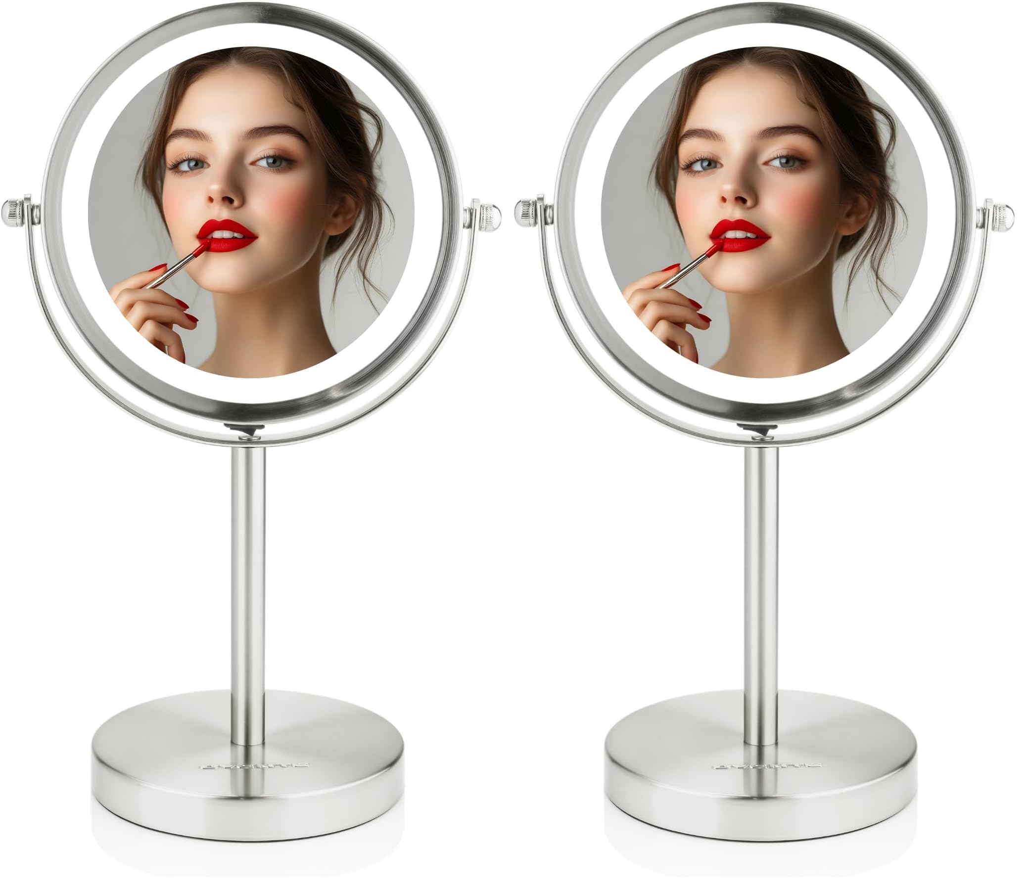 OVENTE Lighted Vanity Mirror 6 Inch Table Top 1X 7X Magnification LED 360 Adjustable Double Sided Spinning Personal Makeup Stand Desk Bathroom Battery Powered Round Large Nickel Brushed MLT60BR1X7X