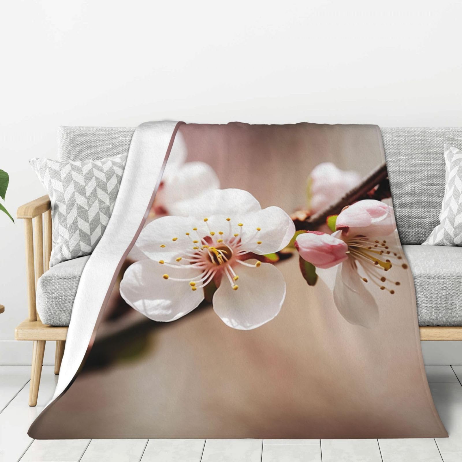 Cherry Blossom Throw Blanket Plush Flannel Fleece Blanket, Soft Lightweight Cozy Blankets 50"X40" for Bed Couch Sofa Travel