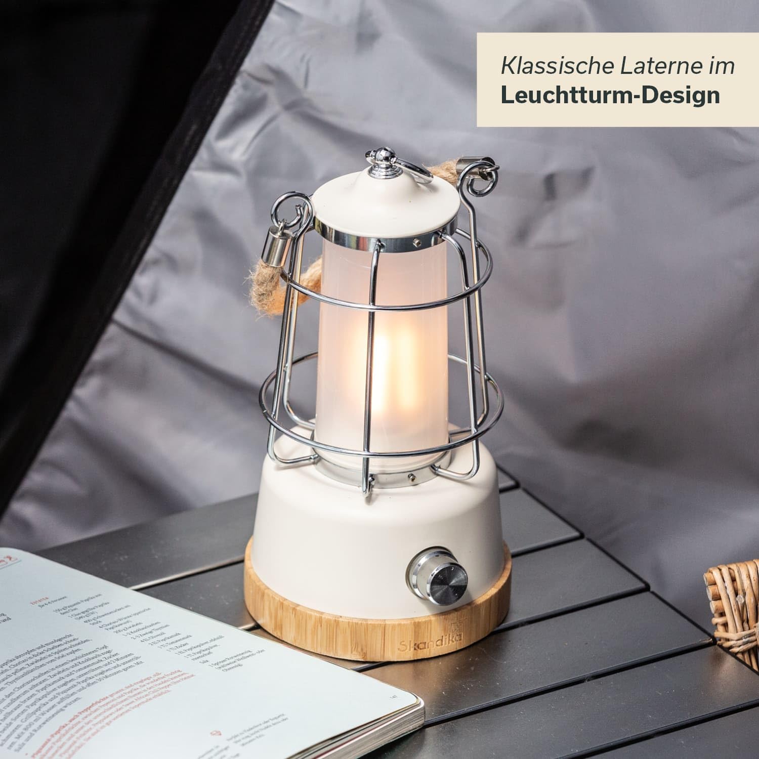 Skandika LED-Lampe Kiruna | Retro Outdoor Campinglampe mit Powerbank, stufenlos dimmbar, kabellos, Akku, aufladbar, USB, warm- und kaltweiß, 75h Leuchtzeit (Kiruna weiß)