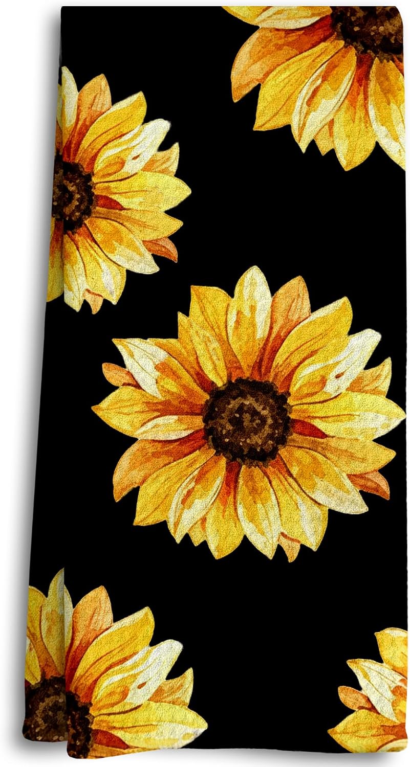 Sunflower Kitchen Dish Towels Dishcloth 16x24 Inches | Dark Rustic Farmhouse Floral Botanical Decorative Hand Tea Bathroom Towels, Sunflower Floral Bathroom Decor