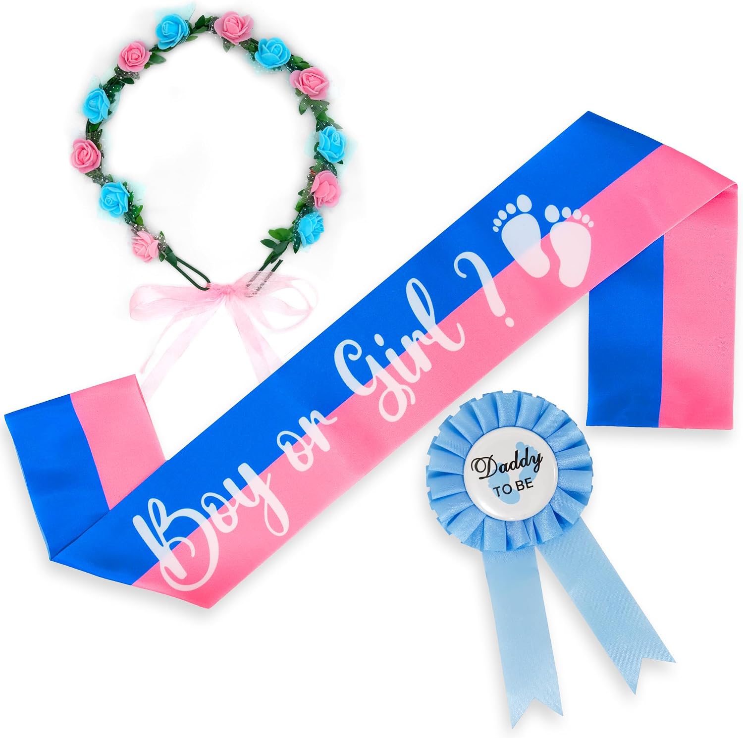 KatchOn Boy or Girl Flower Headband | Gender Reveal Sash, Daddy to Be Pins for Gender Reveal Party Supplies, Baby Shower Decorations