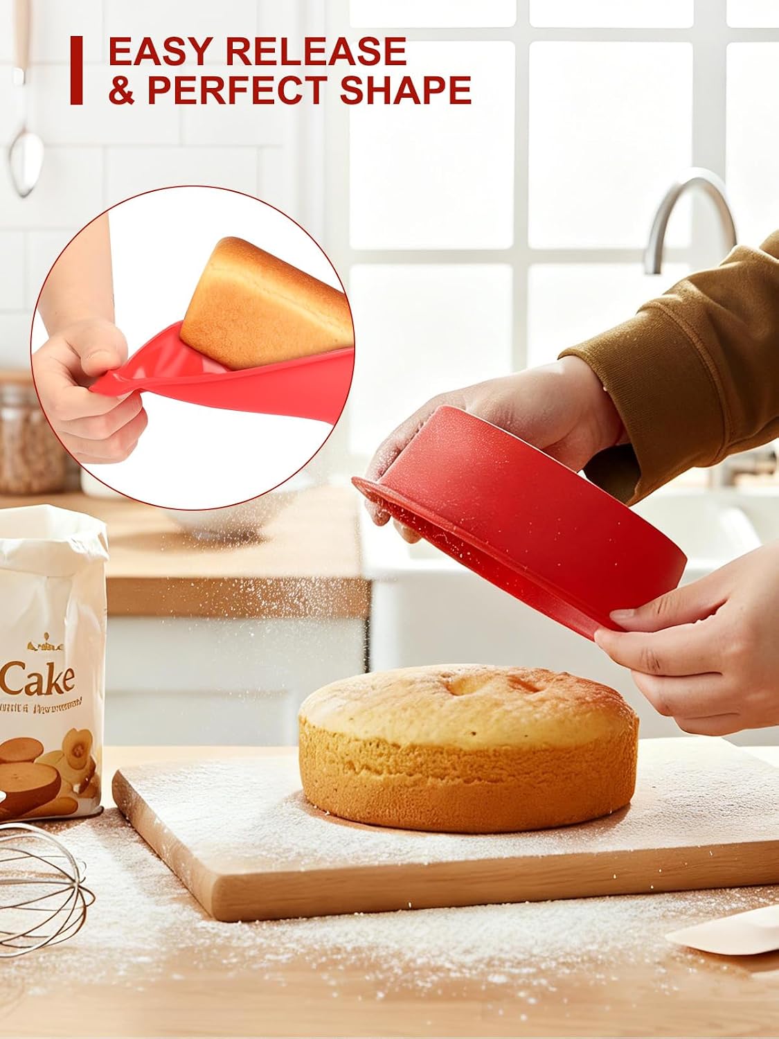 Cozary Silicone Baking Mould Set, 3-Piece - Food-Grade Baking Mould Set for Cakes & Bread, Round + Loaf Tin + Square (3 Sizes), Dishwasher Safe & Non-Stick, Red