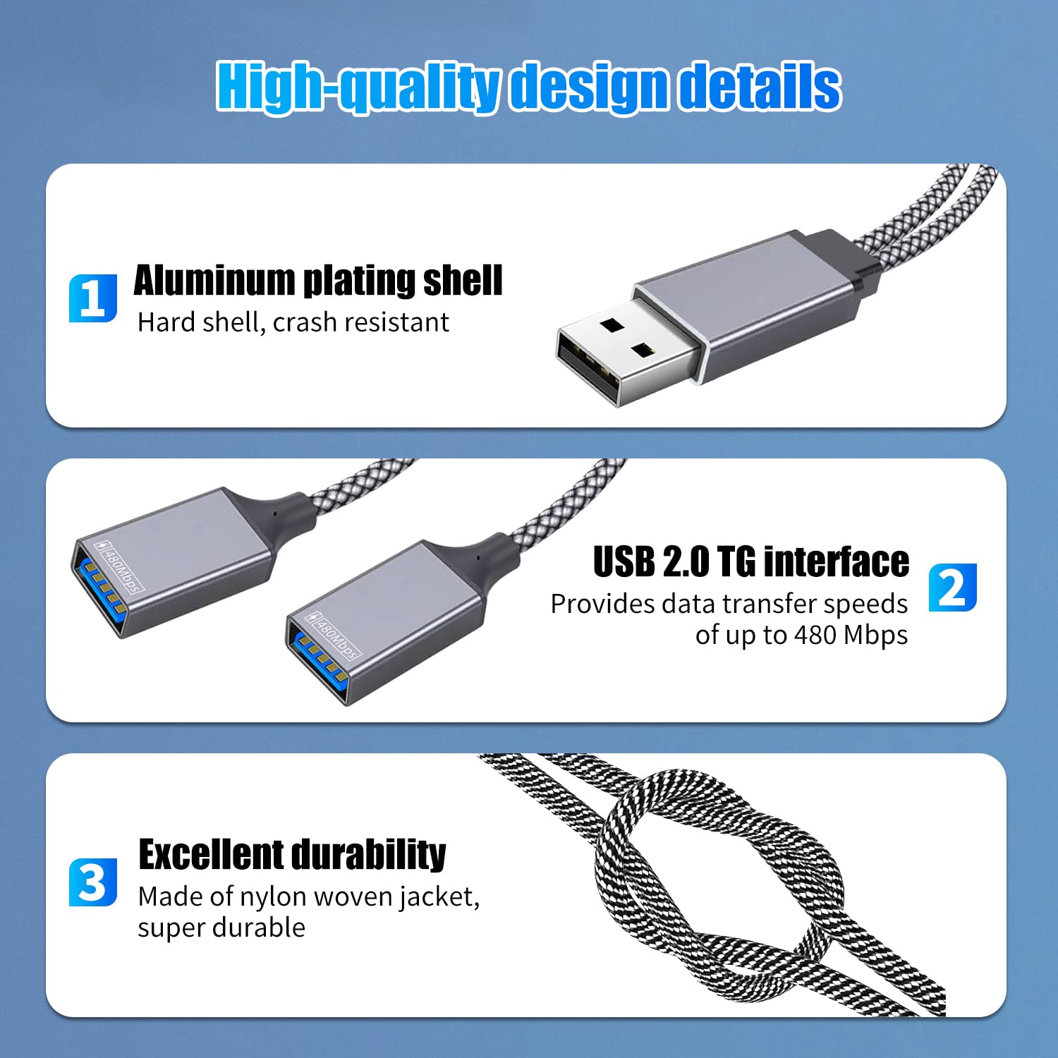BLKing USB 2.0 A Male to 2 Dual USB Female Jack Y Splitter Hub Power Cord Extension Adapter Cable — view 6