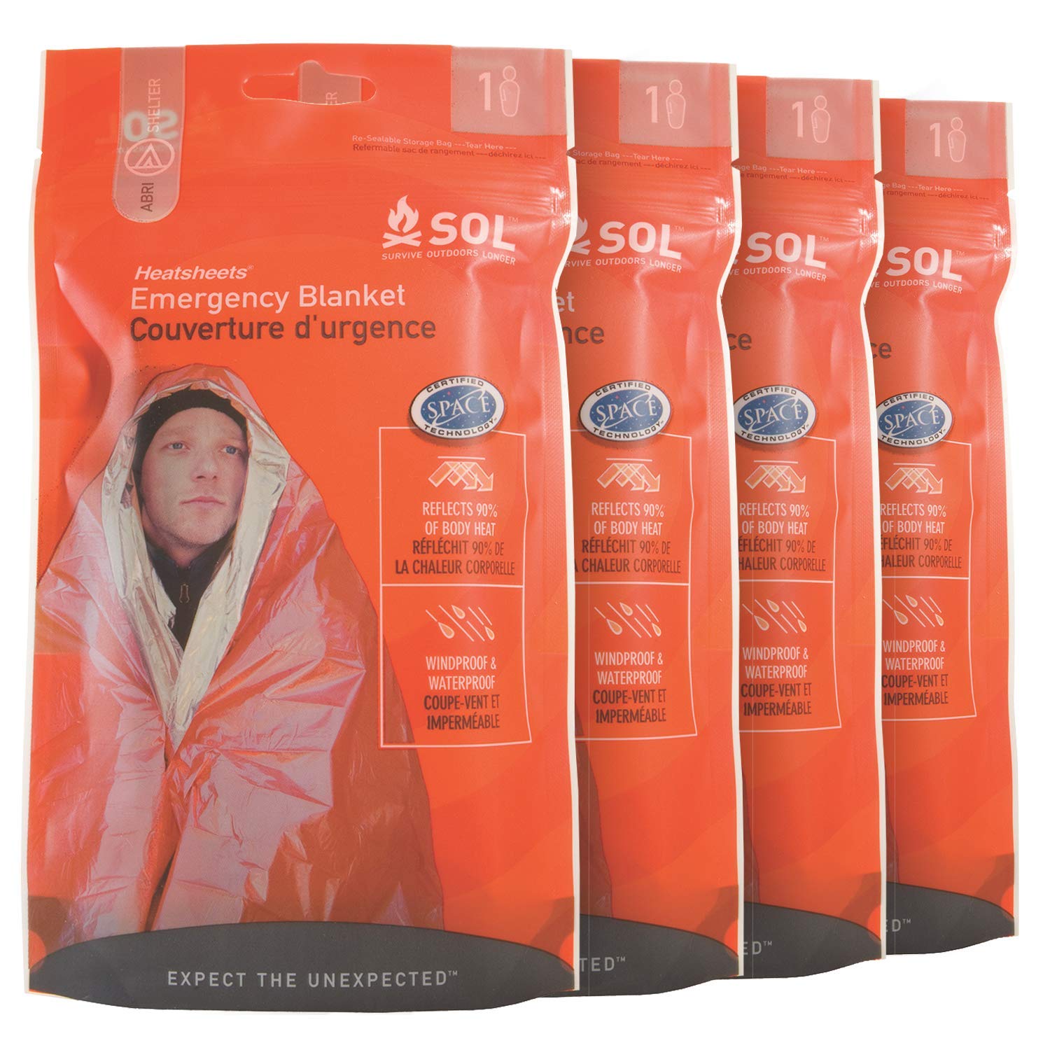 S.O.L. Survive Outdoors Longer 90% Reflective Emergency Blanket, Pack of 4