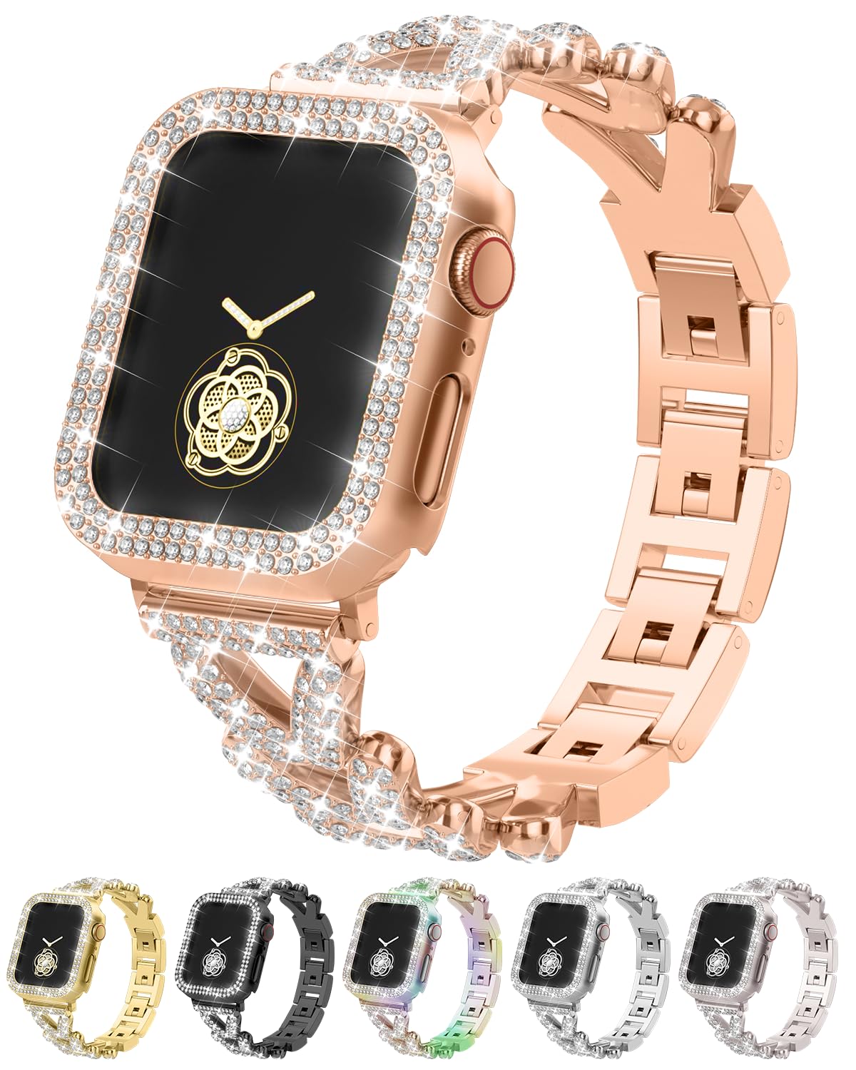 Rhinestones Encrusted Metal Bracelet and Case, Compatible with Apple Watch Bands 38mm-49mm (Series 11/10/1/SE/Ultra 2)- Bling Gold Women's Jewelry Strap, Luxury iWatch Bracelet