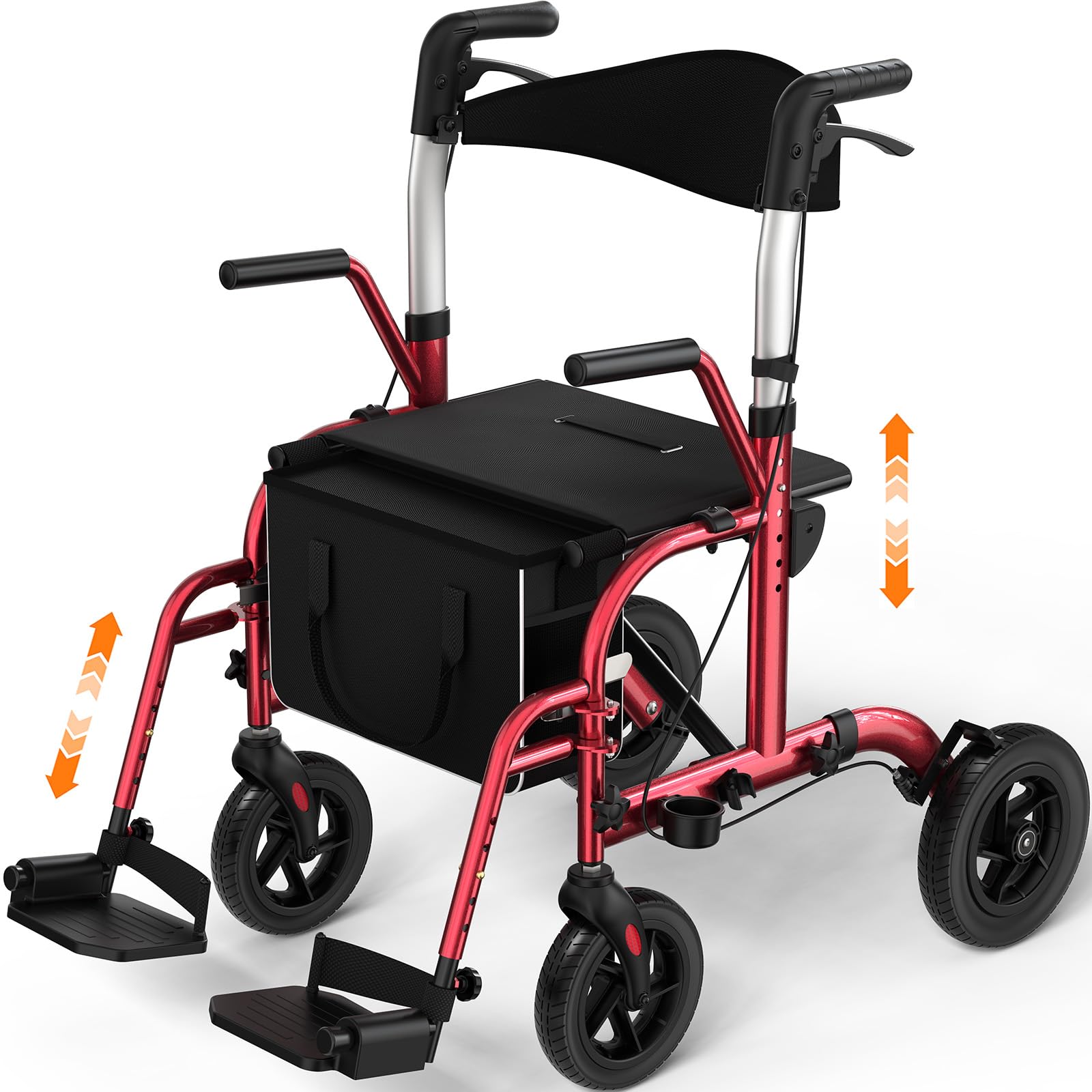 Rollator con seduta 2-in-1, Rollator 4 ruote & Sedia da trasporto, Portata 136 kg, Ruote TPU 8"" anteriori & 10"" posteriori, Doppio freno, Pieghevole, Altezza regolabile, Borsa portaoggetti – Rosso