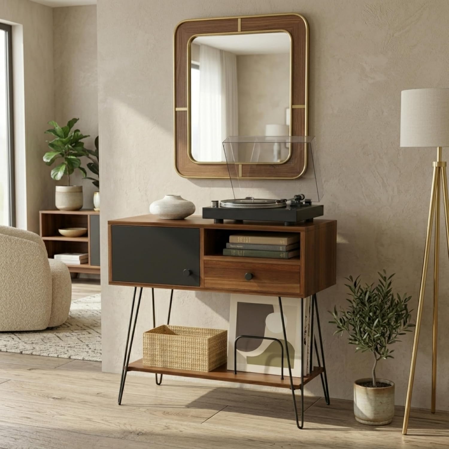 Large Mid Century Modern Record Player Stand with Vinyl Storage Holds Up to 200 Albums - Walnut Console Table for Turntables, Living Room, and Entryway | Record Player Table