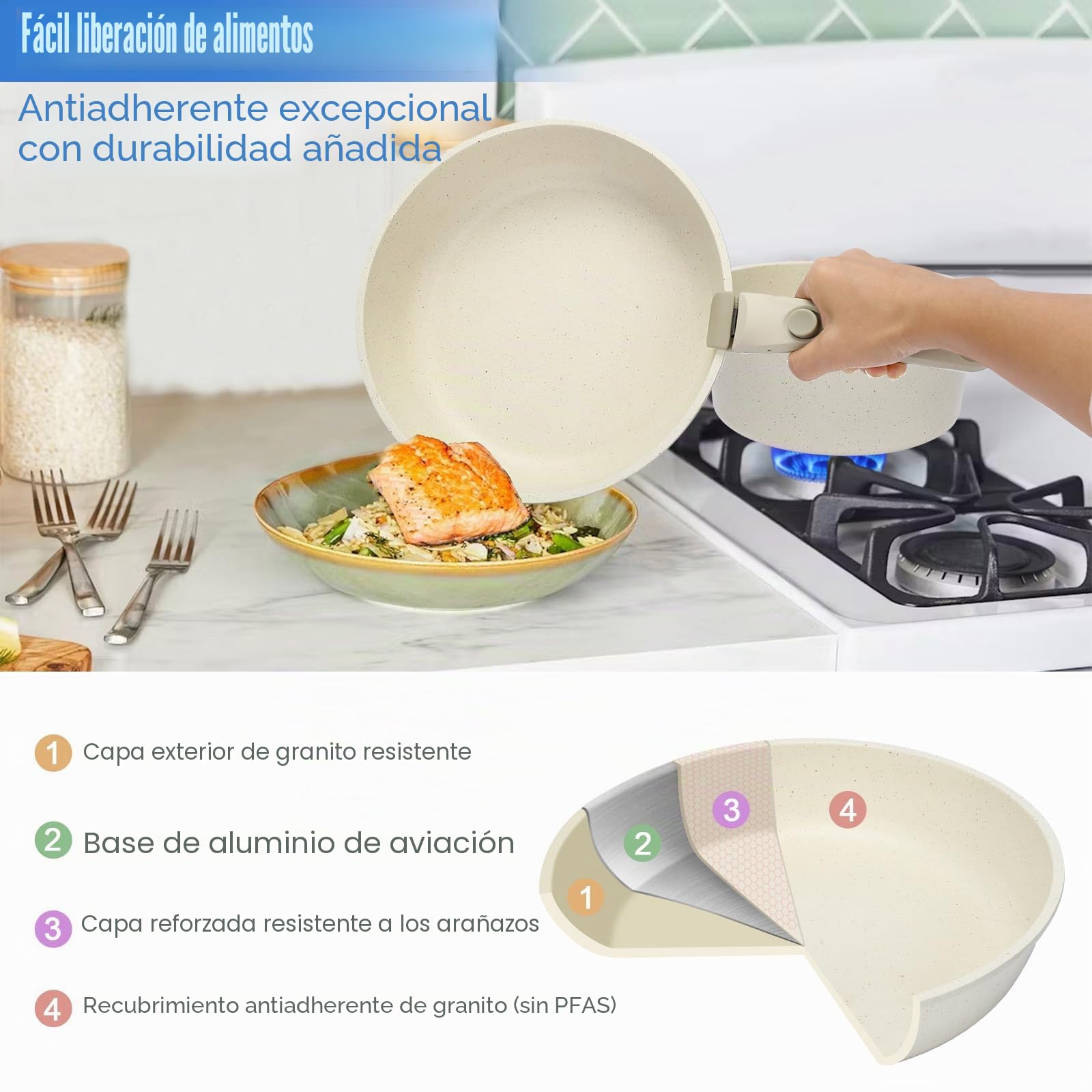GFTIME Juego de ollas de 17 piezas, revestimiento de cerámica antiadherente con asas extraíbles, para todo tipo de cocinas, incluidas las de inducción, apilables y aptas para lavavajillas