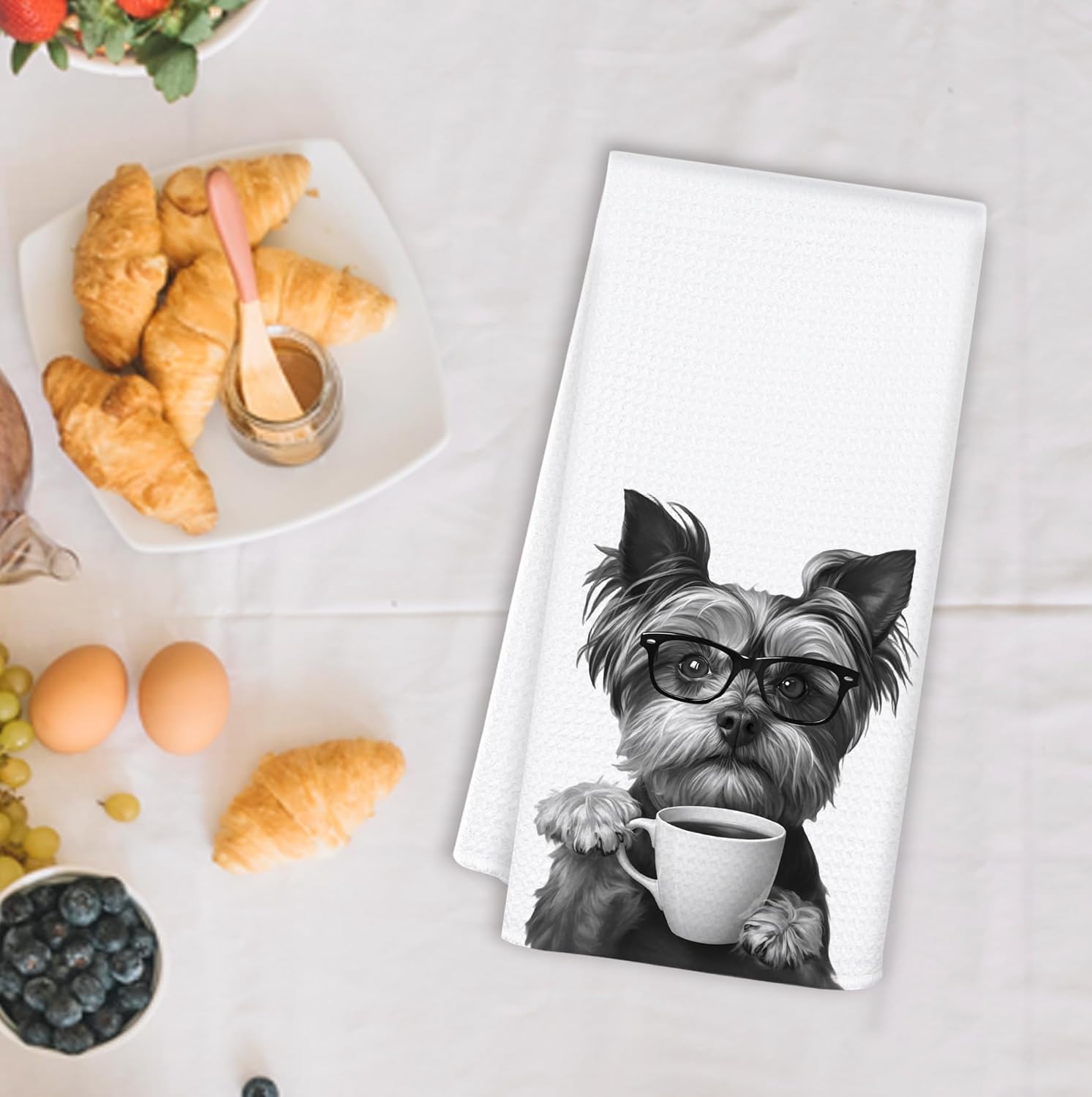 Funny Coffee Yorkshire Terrier Kitchen Towels, Yorkshire Terrier Yorkie Gifts Dish Tea Towels for Kitchen Decor, Gifts for Yorkie Lovers Hand Towels for Coffee Bar Station Decor, 16x24 Inch - Image 2