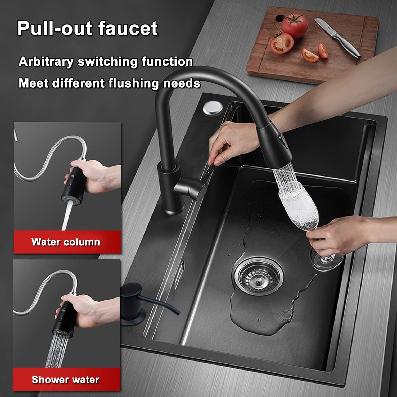Kitchen Sink with Faucet Undermount Single Bowl Big Thick 304 Stainless Steel Large Capacity Sink Black Nano Thick for Home Múltiples Accesorios