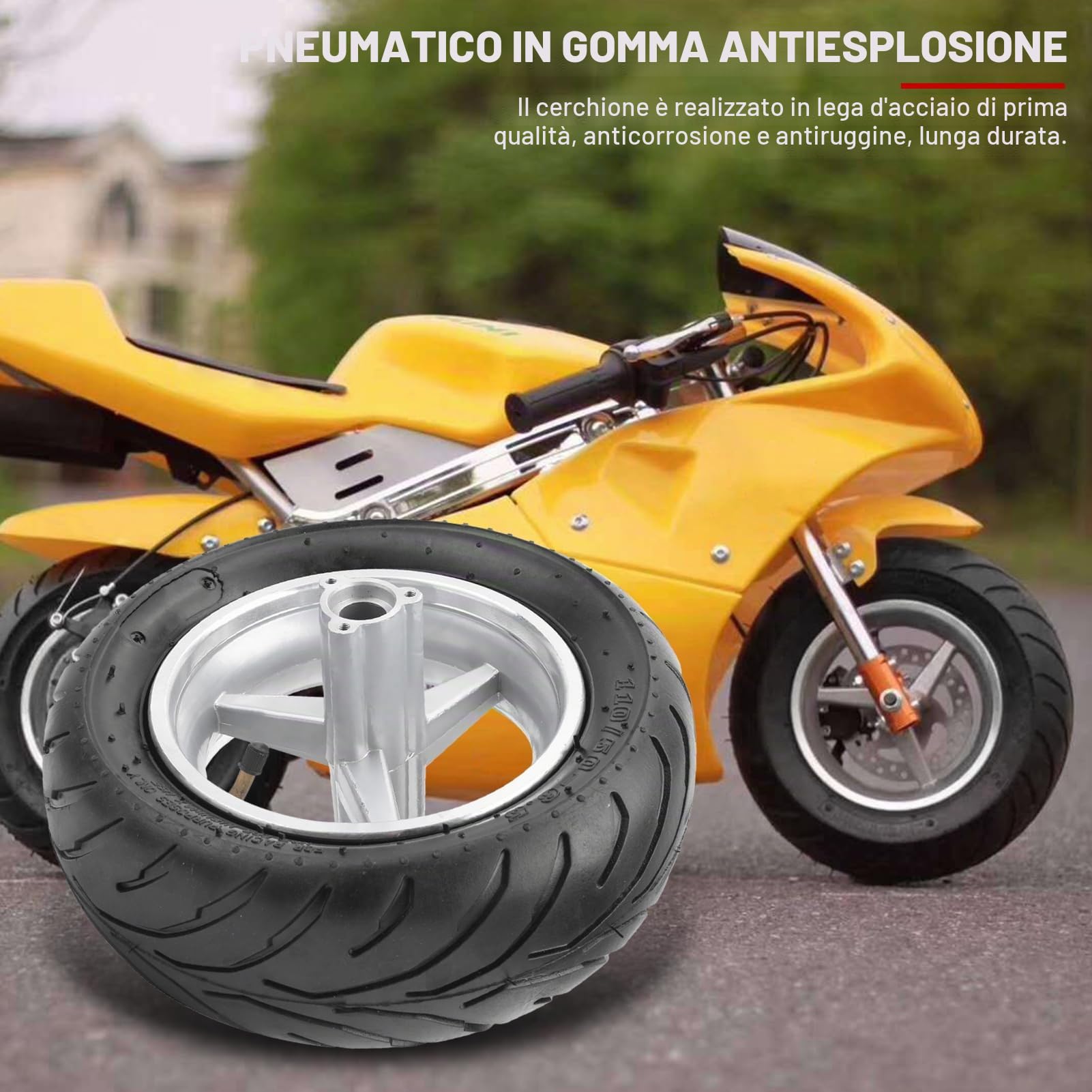 Mini-Motore Pocket Bike Pneumatico Ruota Pneumatico Cerchi Accessori Anti-Skid Adatto per Pocket Bike 47cc 49cc(Posteriore)