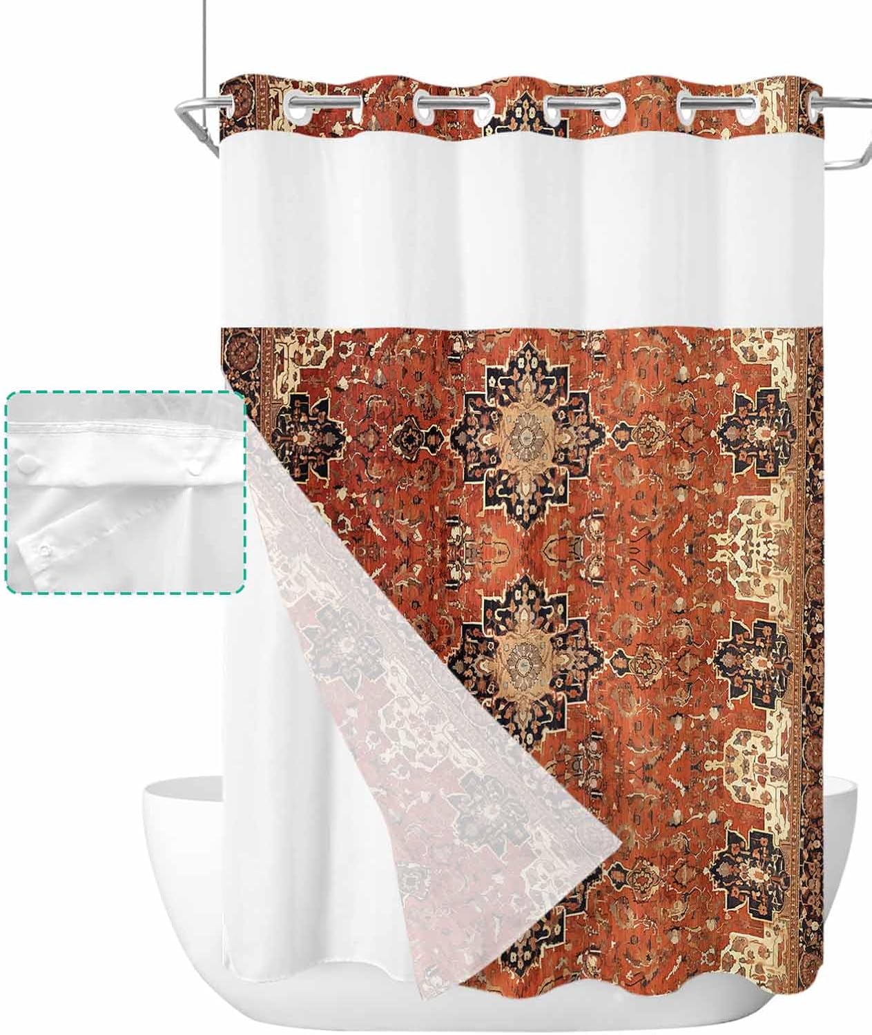No Hook Shower Curtain and Snap in Liner Set, Southwest Bathroom Stall Shower Curtains 48x72 Inch, See Through Mesh Top Window, Geometric Stripe Boho Native Flower Print Hotel Style, Waterproof