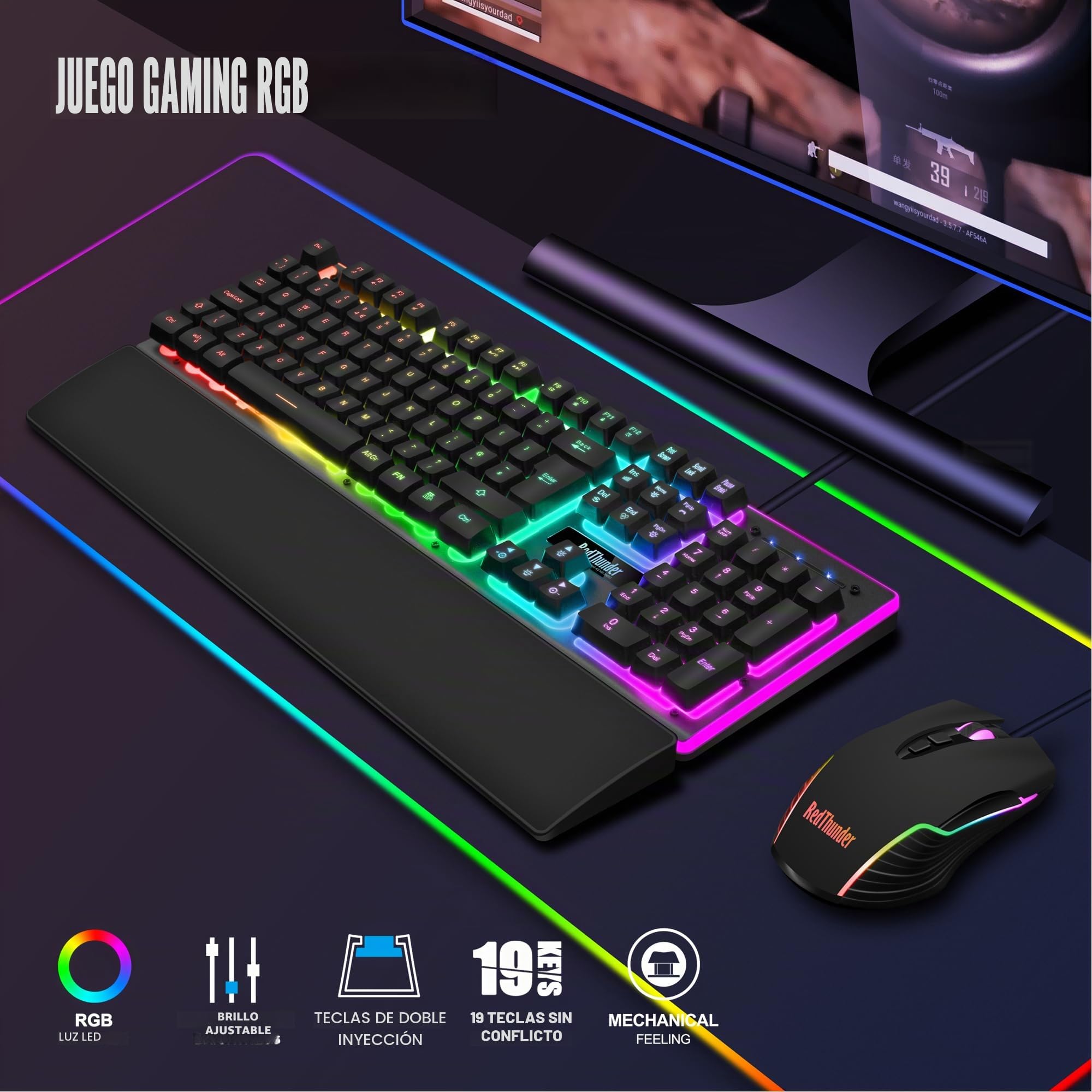 RedThunder K10 Combo de teclado y ratón para juegos con cable, diseño del Reino Unido, tacto mecánico ergonómico teclado antifantasma + ratón 7D 3200 DPI para PC, Mac (negro)