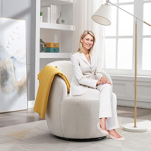 Miniatura 86 de HomVent Silla giratoria con tapizado de peluche, silla redonda con base de metal, sillón giratorio de 360 grados, sillón tapizado para ocio, sala de