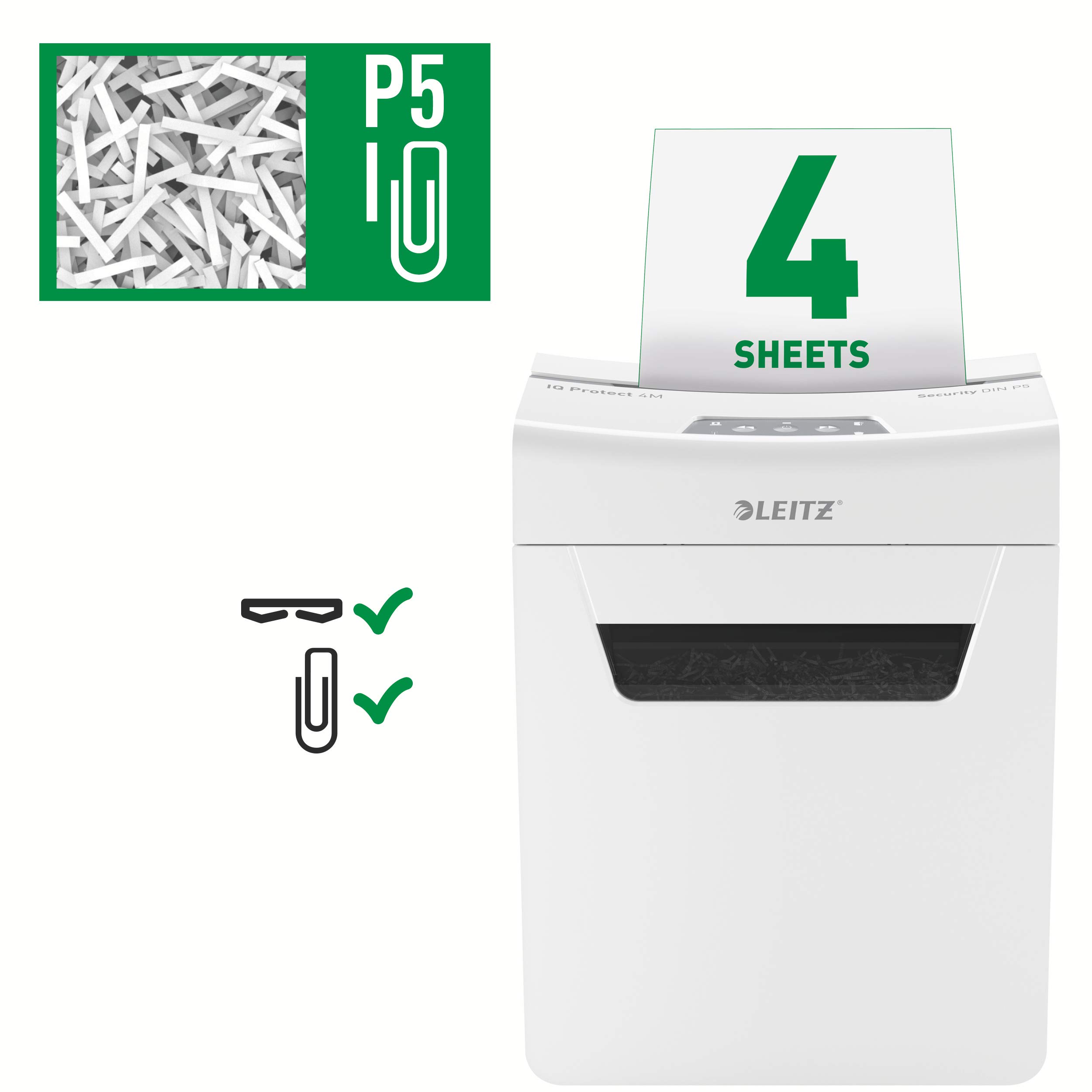 Leitz Distruggidocumenti IQ 4M Premium P5 per ufficio e casa, Microcut, 4 fogli, pattumiera da 14 litri, molto silenzioso/compatto, serie Protect, bianco, 80940000, 1 unità
