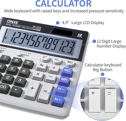 Miniatura 4 de ONXE - Calculadora de escritorio estándar con función científica, potencia dual, botones grandes, pantalla LCD grande para 12 dígitos, calculadora