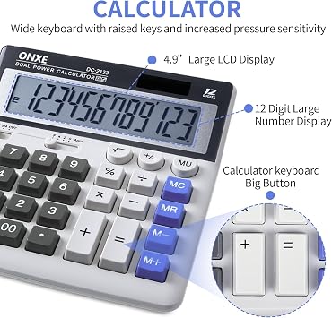 12 Digit Desk Calculator,Calculators Desktop with Extra Large 4.9 LCD Display & Big Buttons, Solar & Battery Dual Power, Standard Basic 4 Function Office Calculator for Financial, Home Daily Use