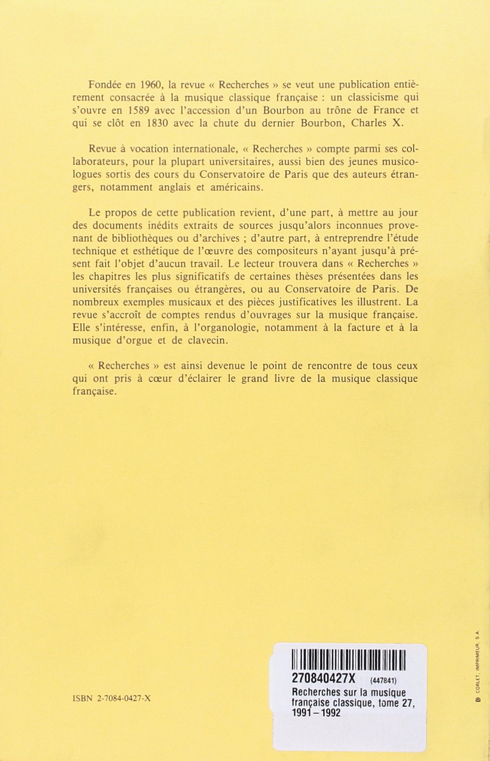 Recherches sur la musique française classique, tome 27, 1991-1992