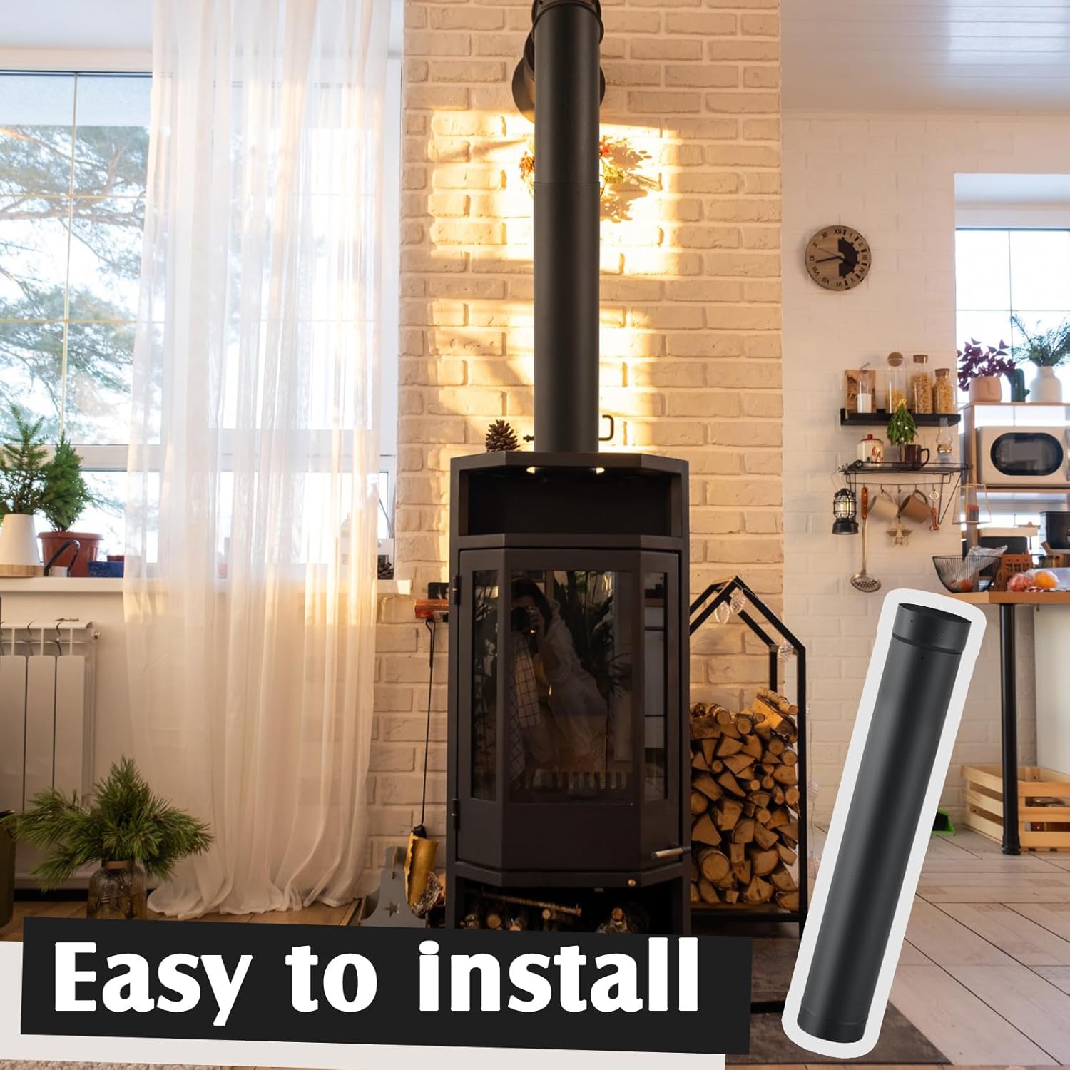 Yaocom 1 Pcs 6" Single Wall Stove Pipe 38" to 70" Telescoping Pipe Burning Chimney Wood Connector to Vent Smoke or Exhaust, Black