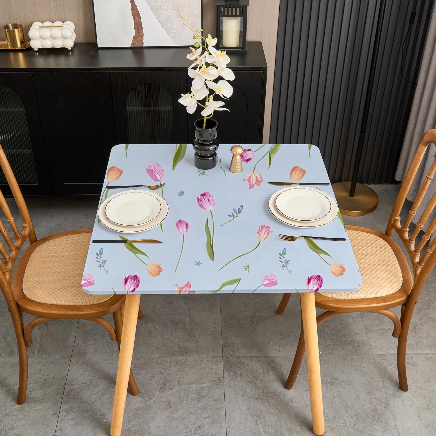 Spring Light Blue Square Outdoor Tablecloth 48x48 Inch Fitted Table Cloth with Elastic Stretchy Washable Fabric Coffee Table Cover Wrinkle Free Non Slip Elegant Tulip image 5