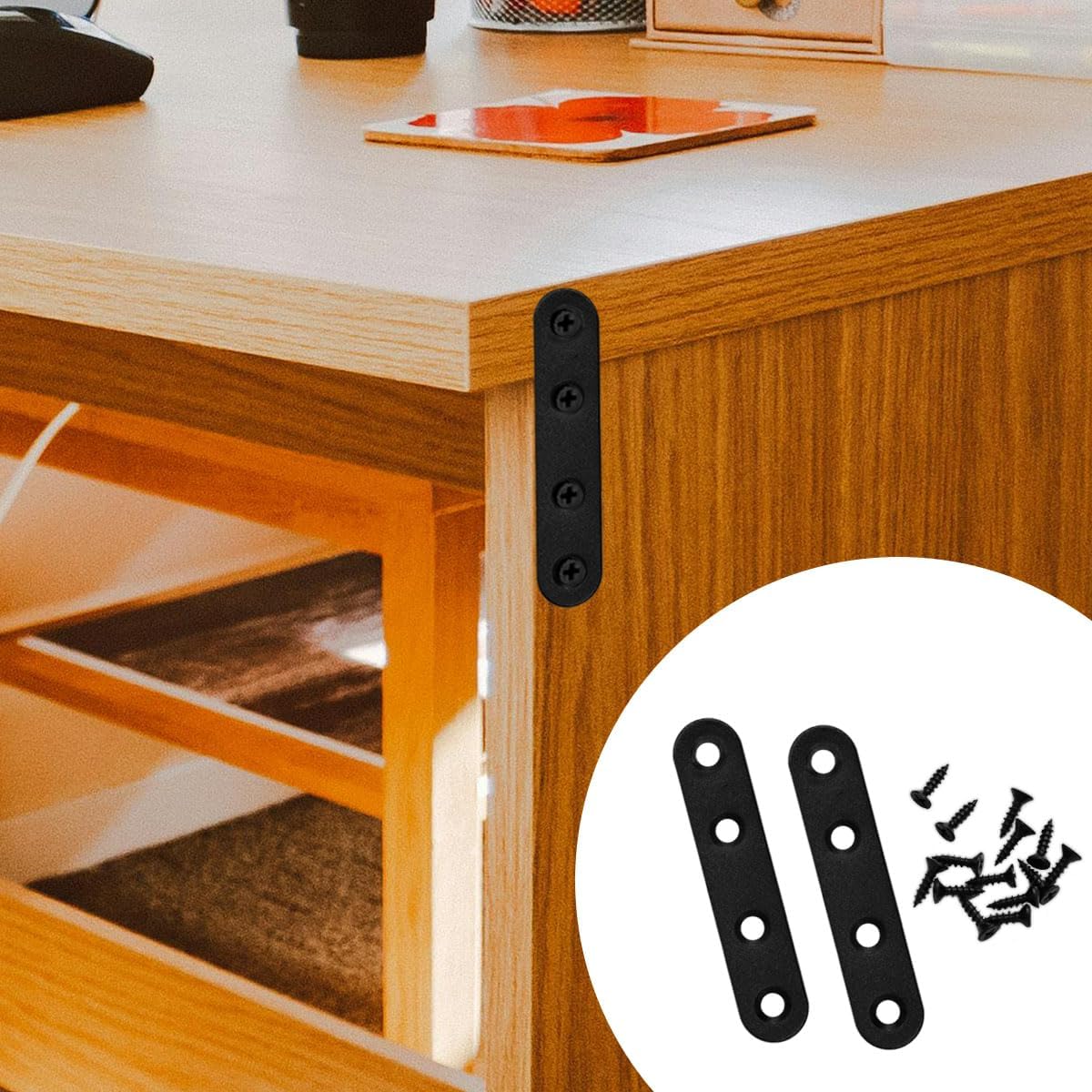 12 Pcs Black Straight Brace, Flat Straight Bracket with Screws, 2.99 x 0.63 Inch Repair Bracket, for Tables, Cabinets, Bookshelves
