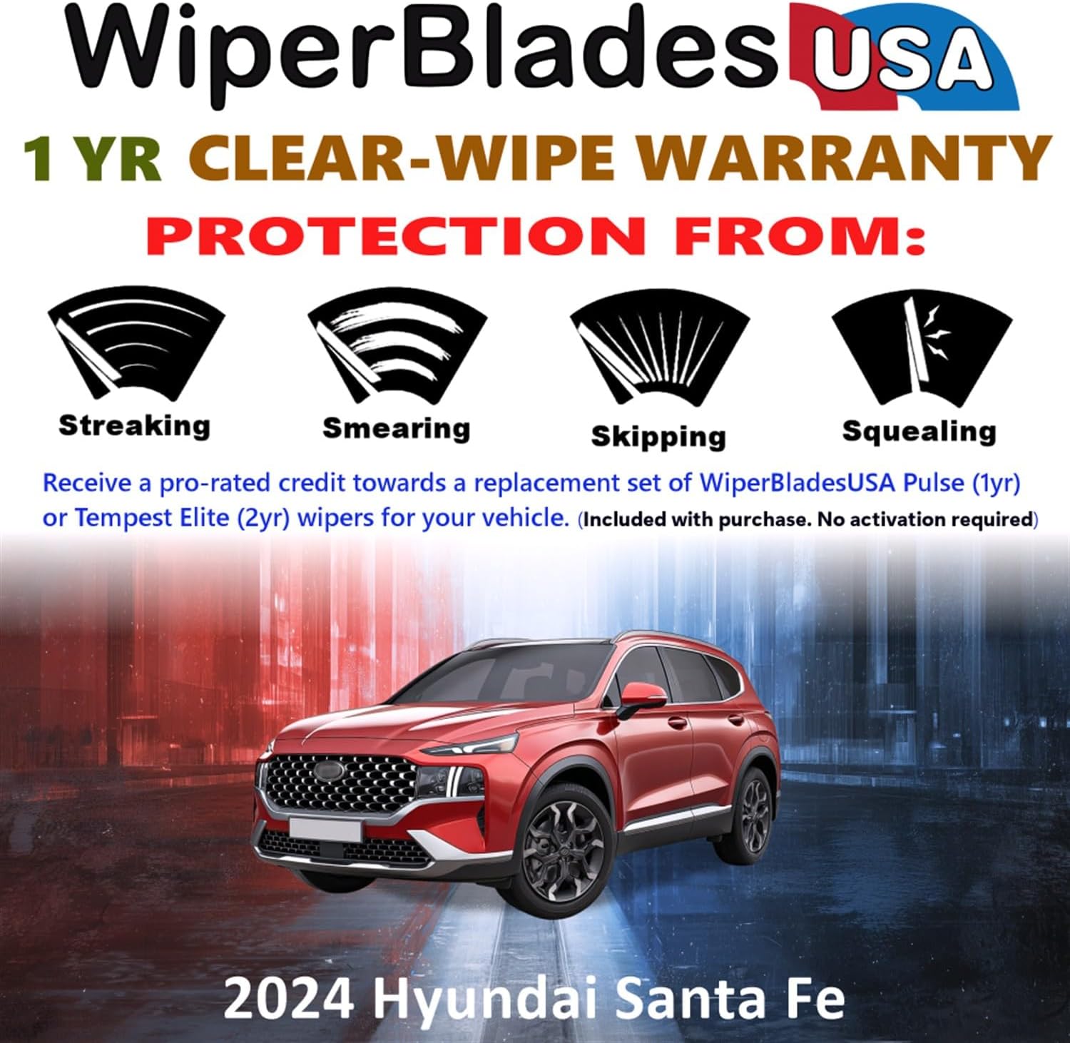 WiperBladesUSA Wiper Blades Set w/ 1yr warranty compatible with Hyundai Santa Fe 2024 Wipers (Set of 3) w/Rear Wiper Pulse Wipers