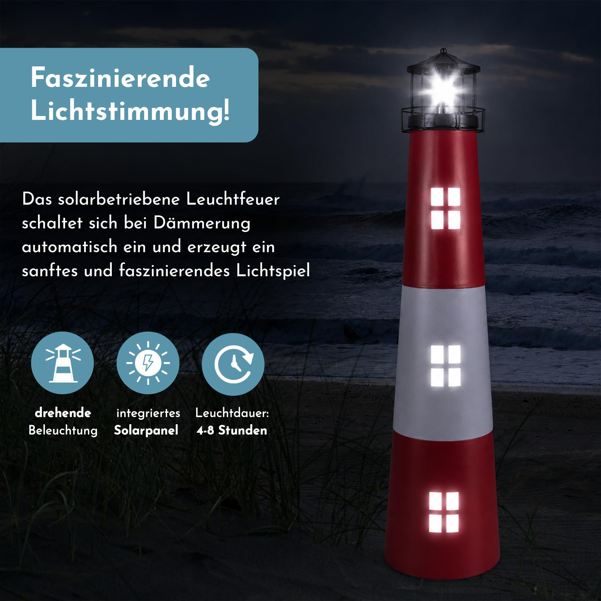 LEMODO Gartendeko Leuchtturm, Dekoleuchte für den Garten mit solarbetriebenem, rotierendem Leuchtfeuer, 120 cm hoch, aus Metall, Maritime Außendeko mit LED-Beleuchtung