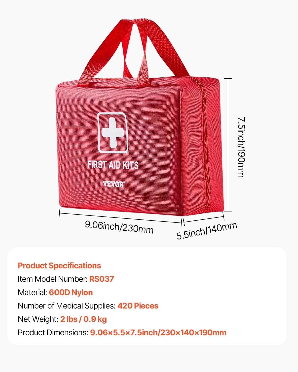 VEVOR 420 Pieces First Aid Kit, Large Emergency Medical Kit with 600D Nylon Bag for Home, Car, Travel, Outdoor, Camping, Sports