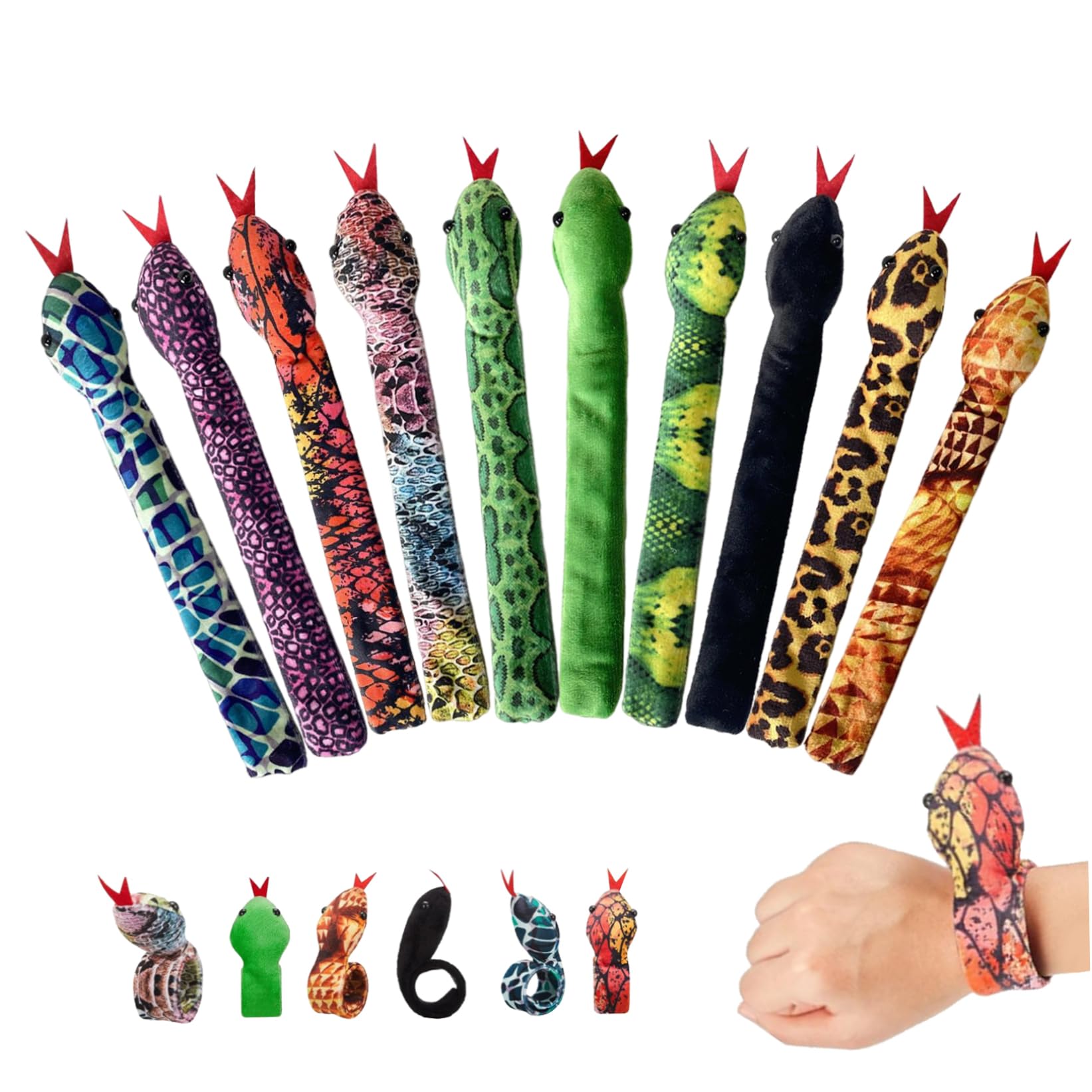 Jorzer Snake Slap Bracelet Plush Slap Bracelets for Kids Lifelike Scary 11.81inch Portable Snap Bracelets Slap Bands for Halloween Easter Party 10Pcs