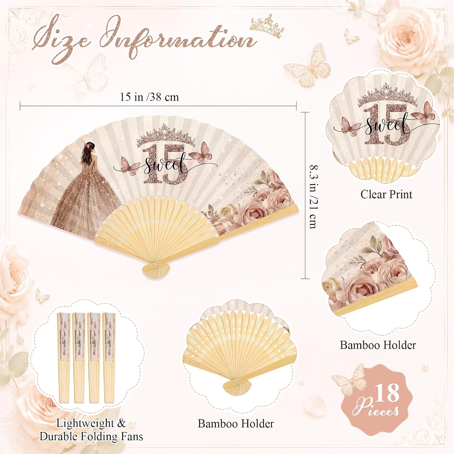 Threehoney 18 Sets Quinceanera Party Favors Bamboo Folding Paper Fans with Cards 15 Birthday Gifts Quinceanera Thank You Gift for Guests Sweet 15th Party Supply Decorations (Champagne Gold Pink)