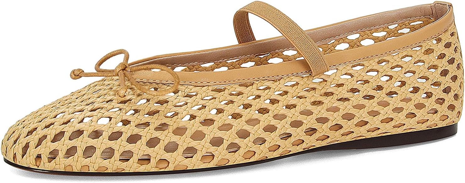 ZJGZF Apricot Woven Ballet Flats for Women Mesh Raffia Mary Janes Cute Round Toe Ballerina with Bow Elastic Strap Summer Straw Crochet Casual Dressy Shoes